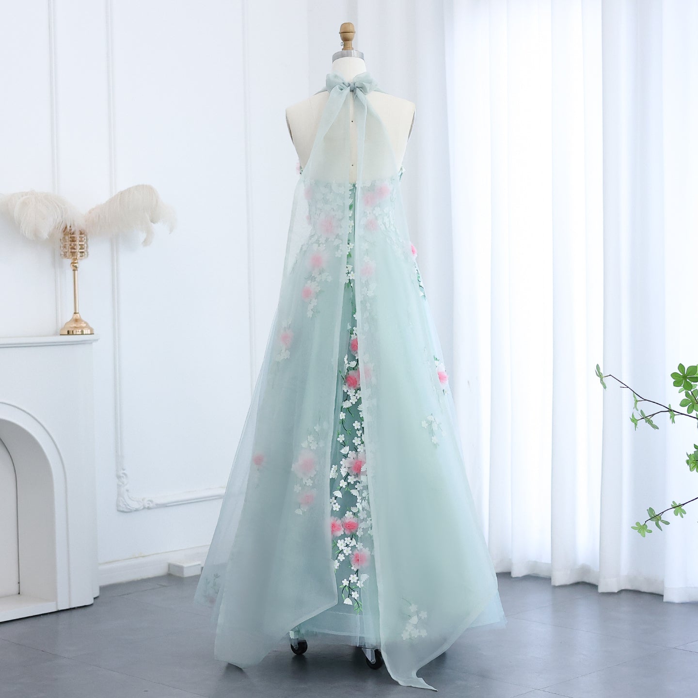 Chic 3D Flowers Halter Aqua Evening Dress SF299