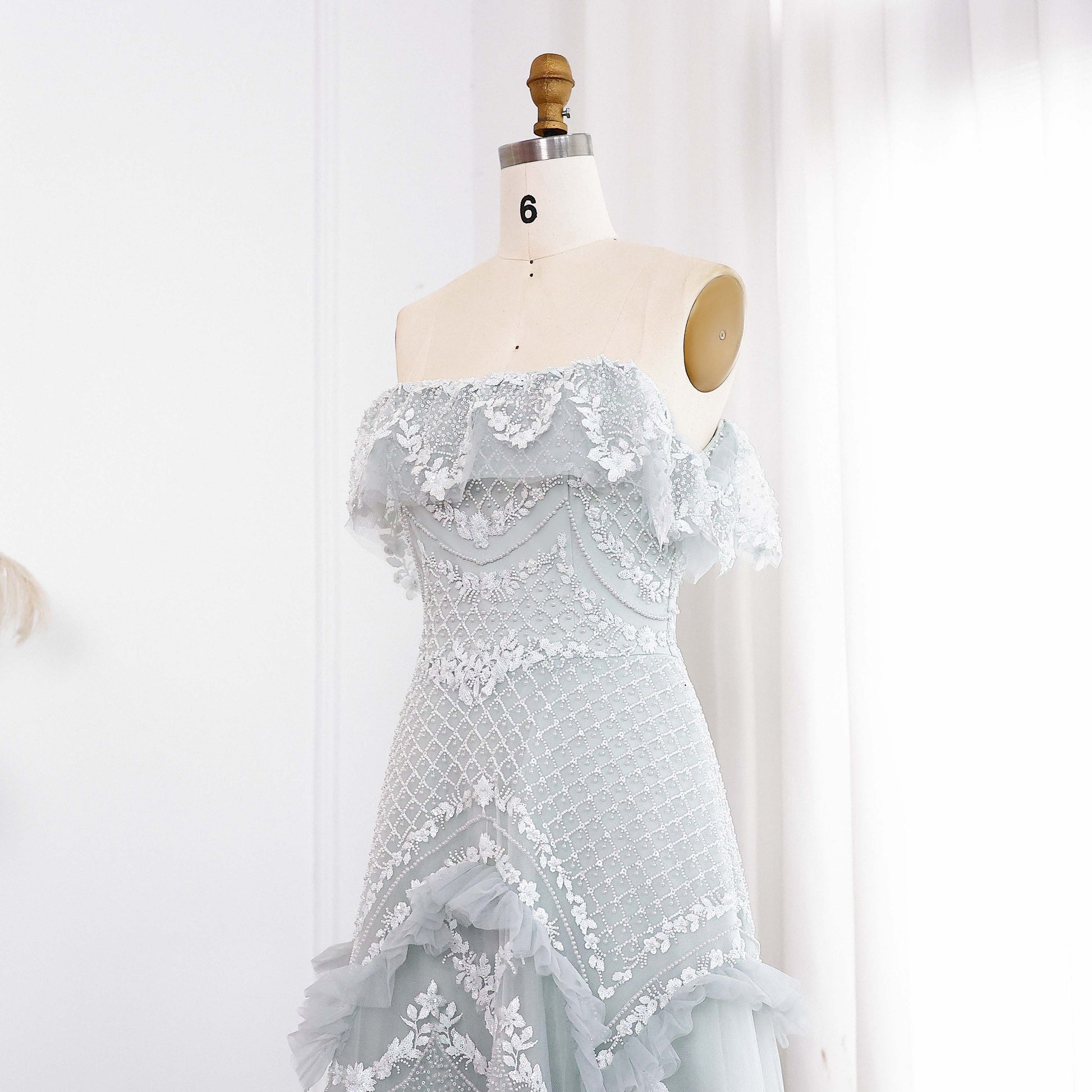 Luxury Silver Gray Off Shoulder Evening Dress SS485