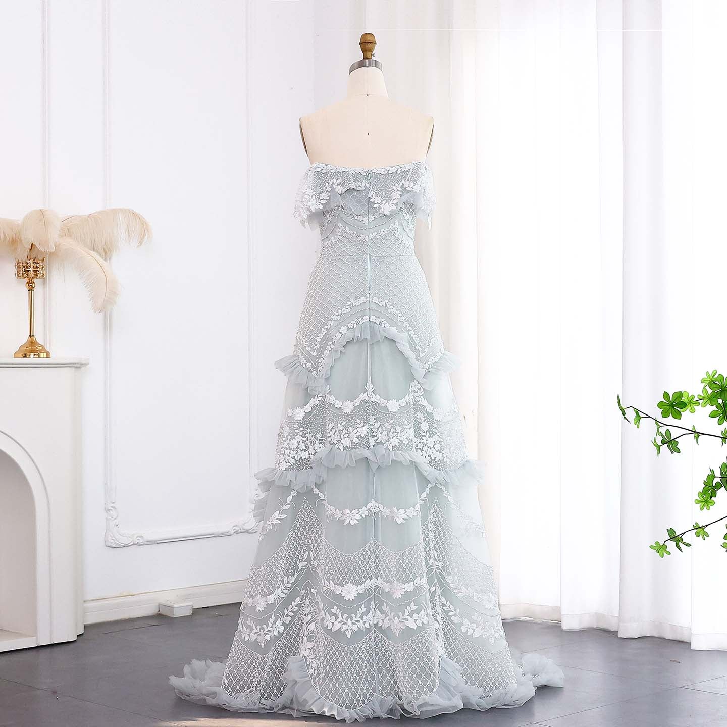 Luxury Silver Gray Off Shoulder Evening Dress SS485