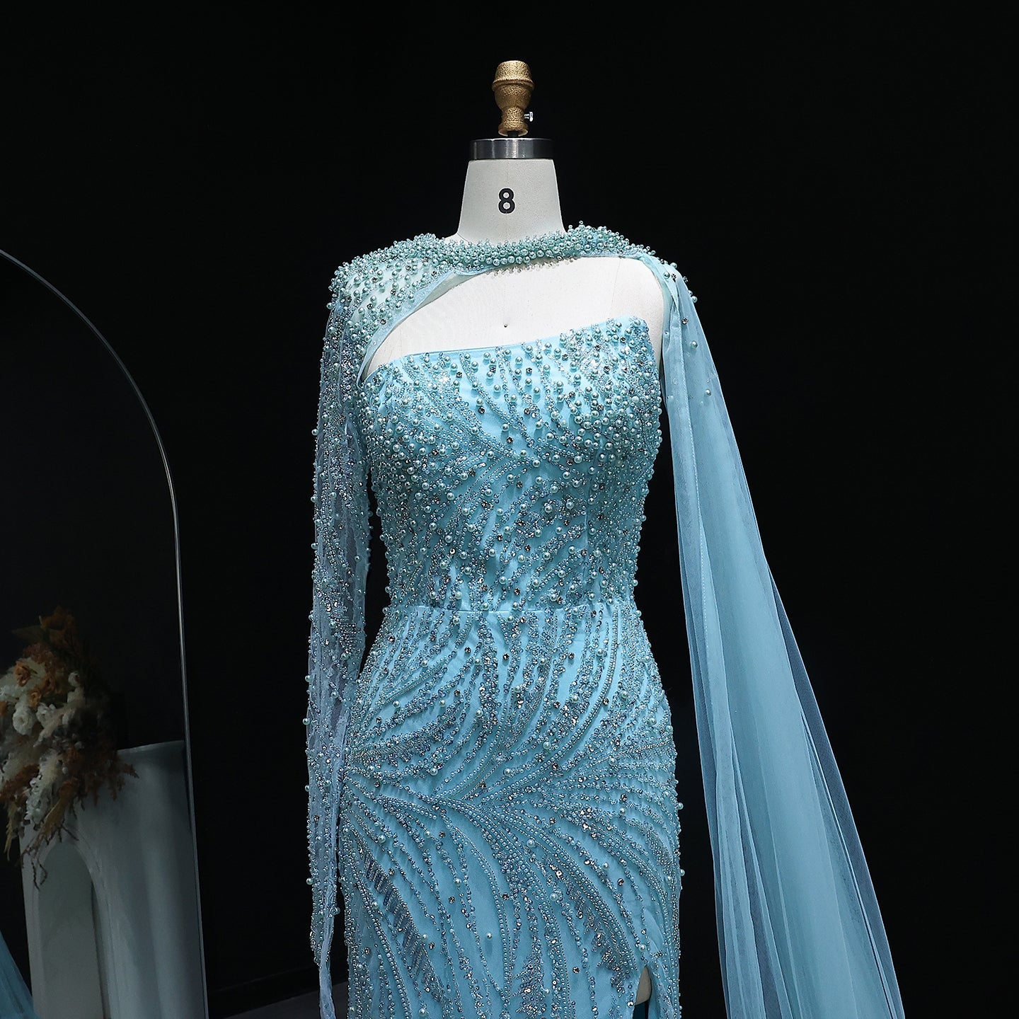 Luxury Turquoise Pearls Evening Dress with Cape Sleeves SS705