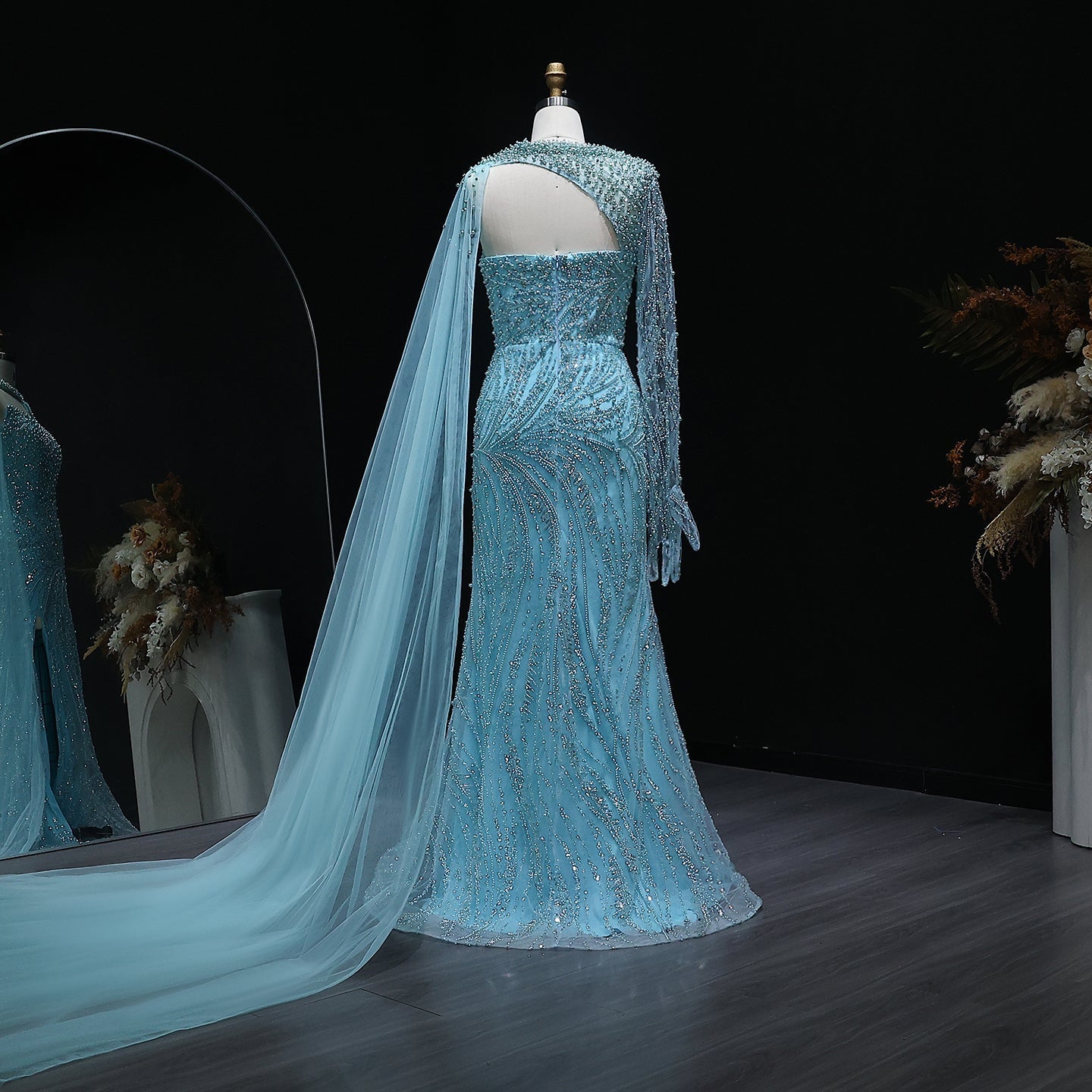 Luxury Turquoise Pearls Evening Dress with Cape Sleeves SS705  Turquoise / US 16