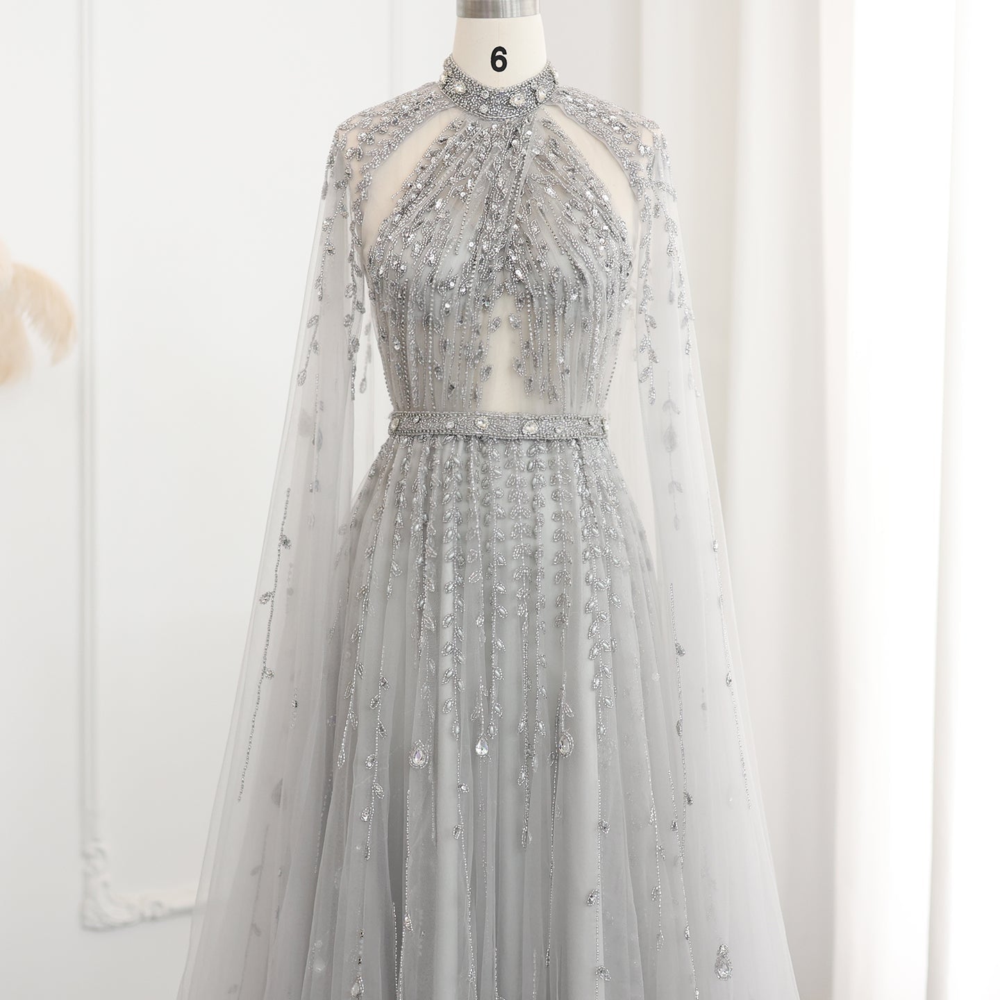 Luxury Beaded Evening Dress with Cape Sleeve SS495