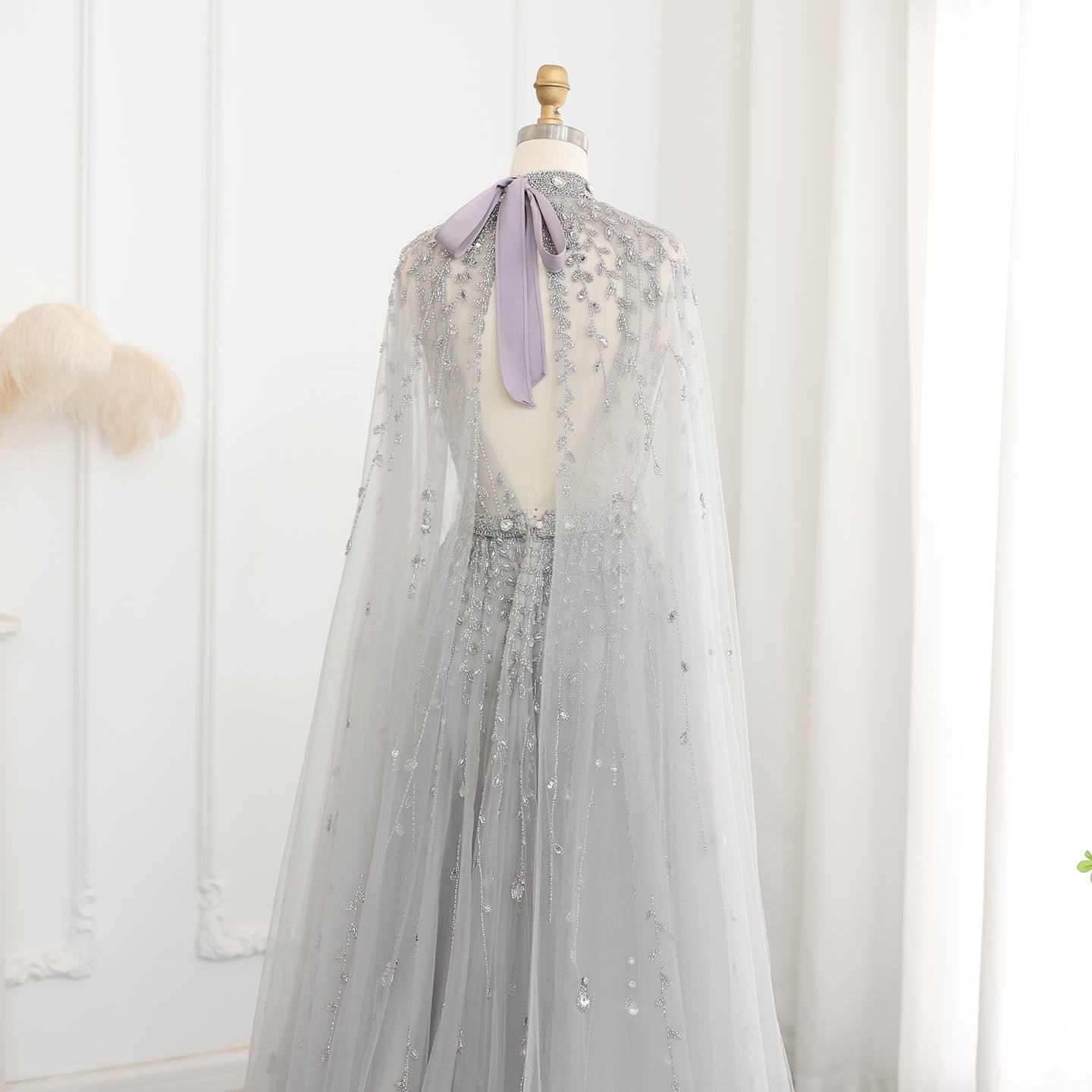 Luxury Beaded Evening Dress with Cape Sleeve SS495