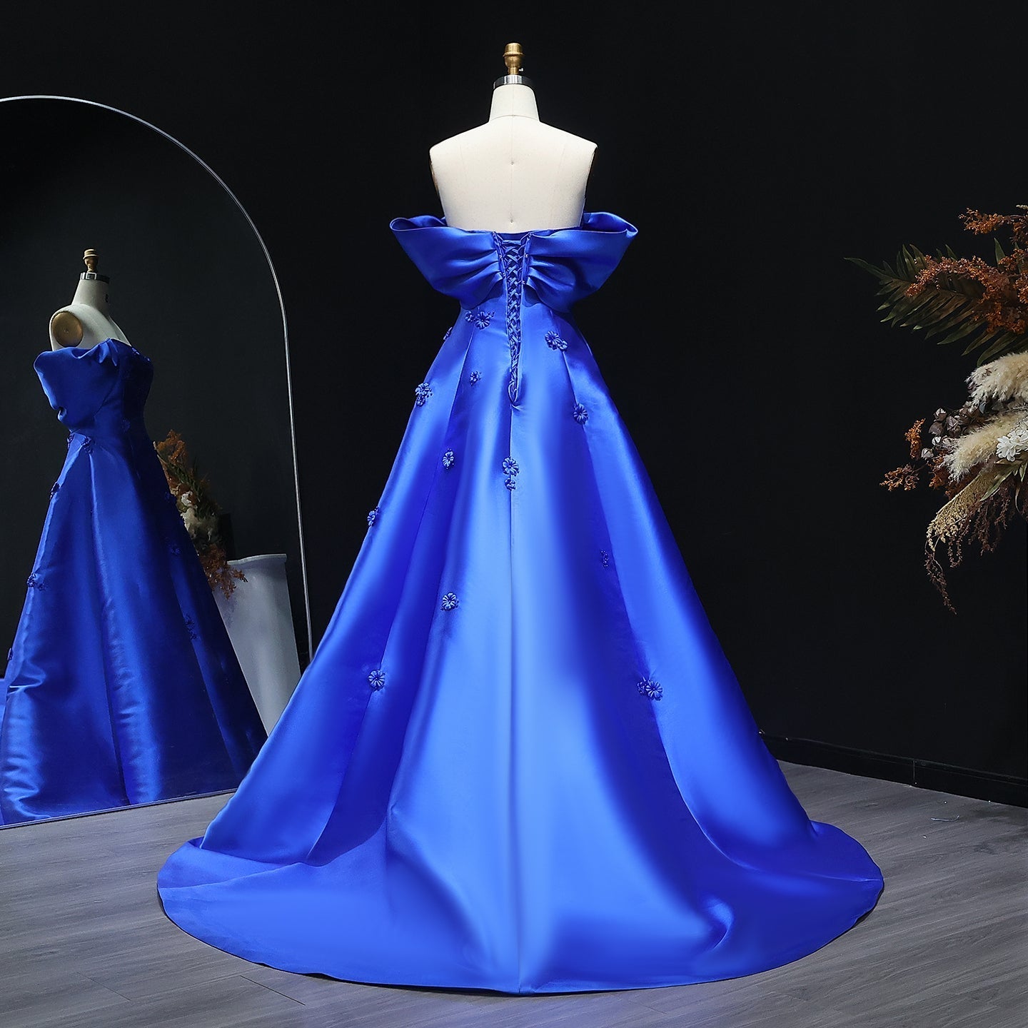 Elegant 3D Flowers Off Shoulder Red Evening Dress SF273