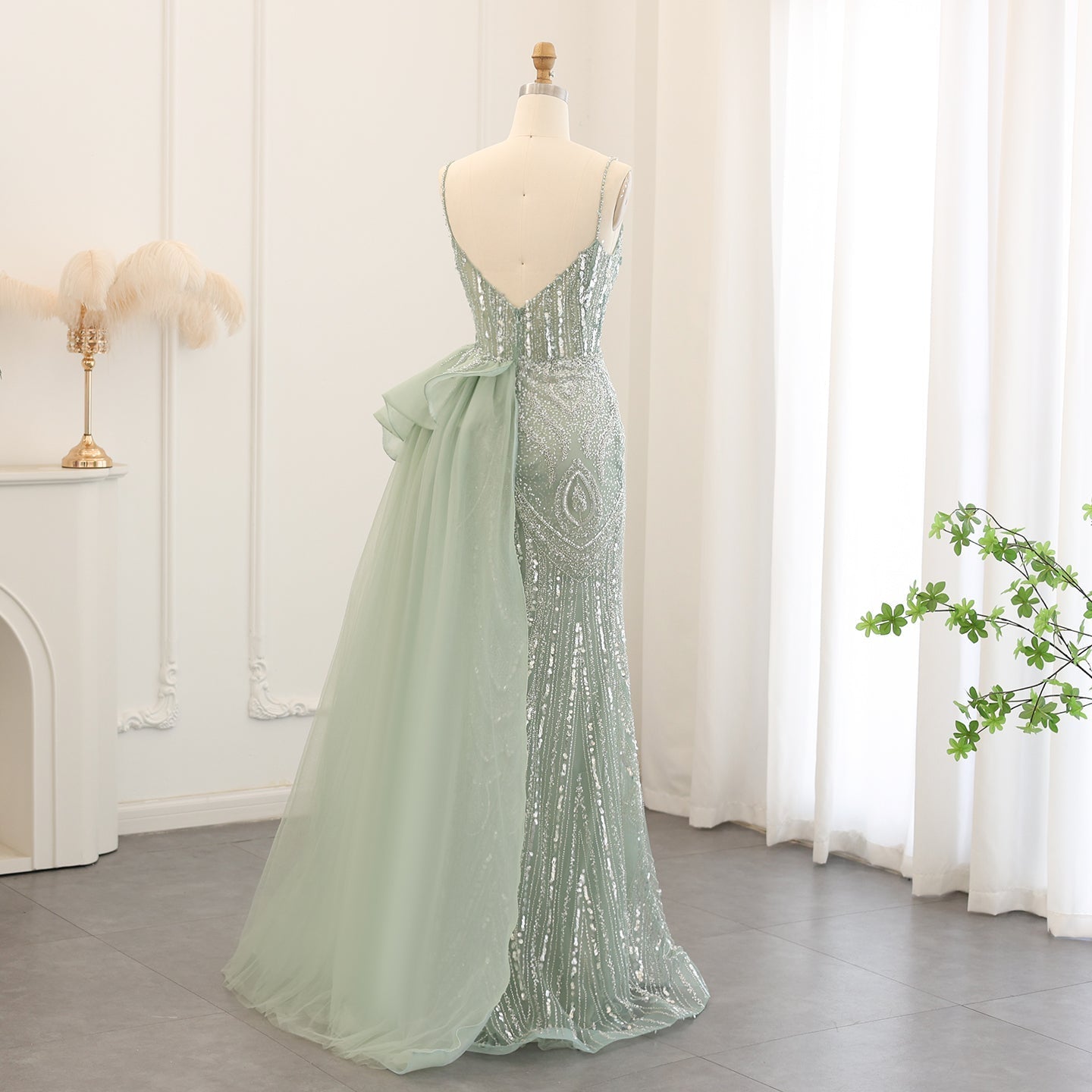 Luxury Spaghetti Sage Green Evening Dress with Overskirt SS039