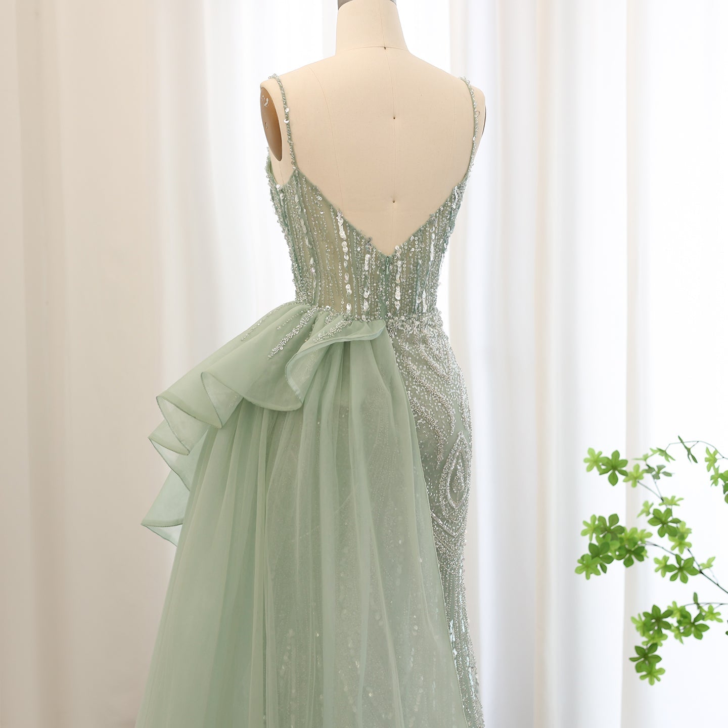 Luxury Spaghetti Sage Green Evening Dress with Overskirt SS039