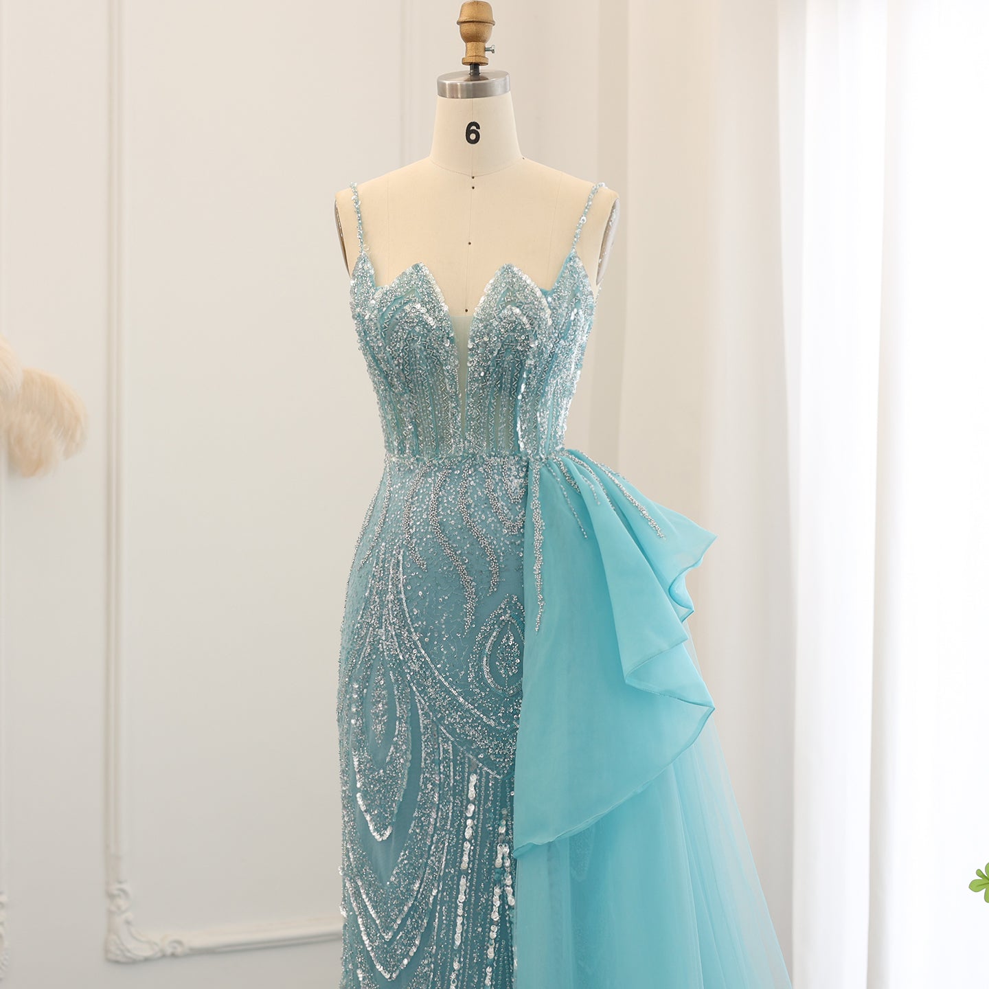 Luxury Spaghetti Sage Green Evening Dress with Overskirt SS039