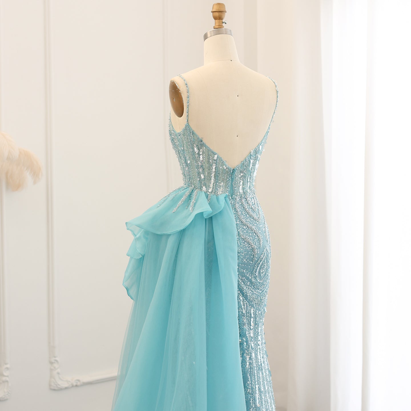 Luxury Spaghetti Sage Green Evening Dress with Overskirt SS039