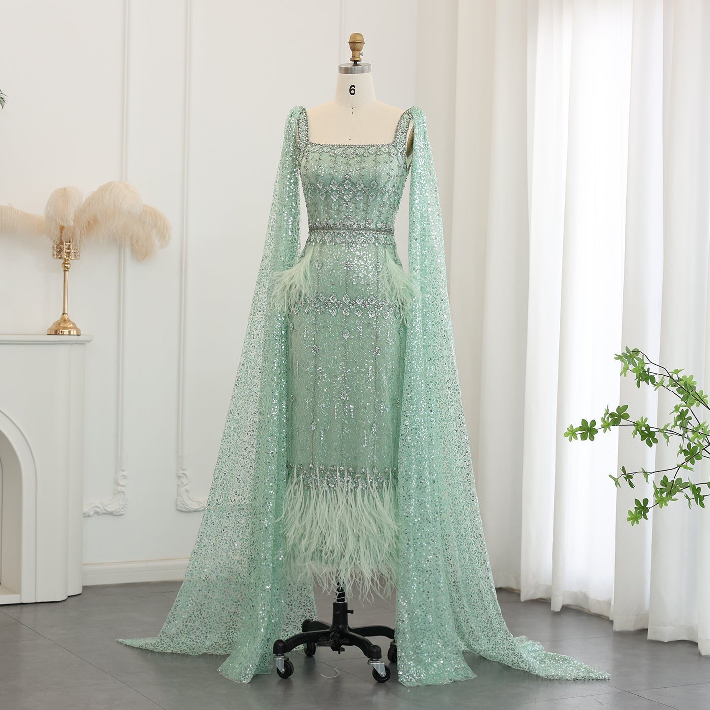Luxury Gray Feather Straight Evening Dress with Cape Sleeves SS279  Sage Green / US 18
