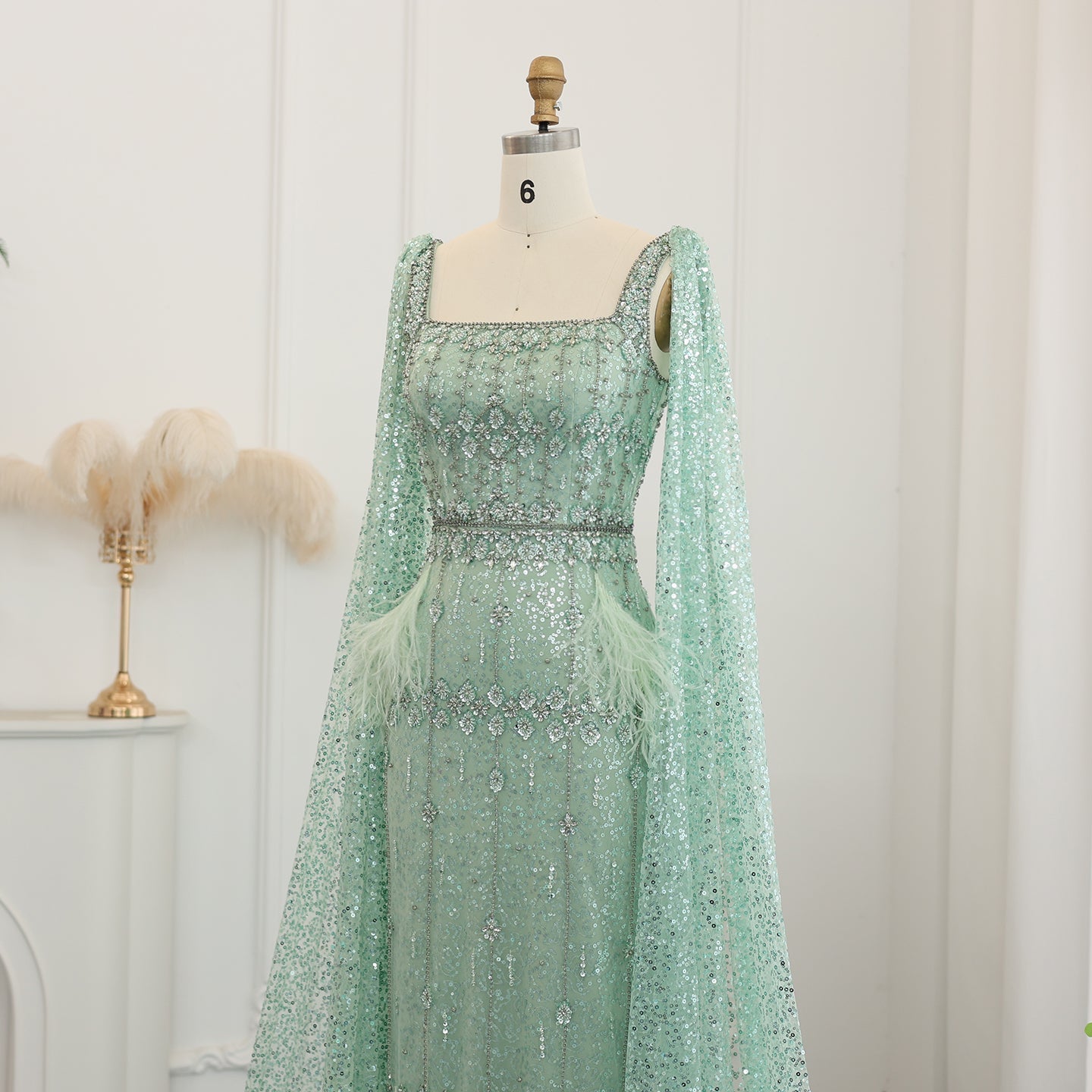 Luxury Gray Feather Straight Evening Dress with Cape Sleeves SS279