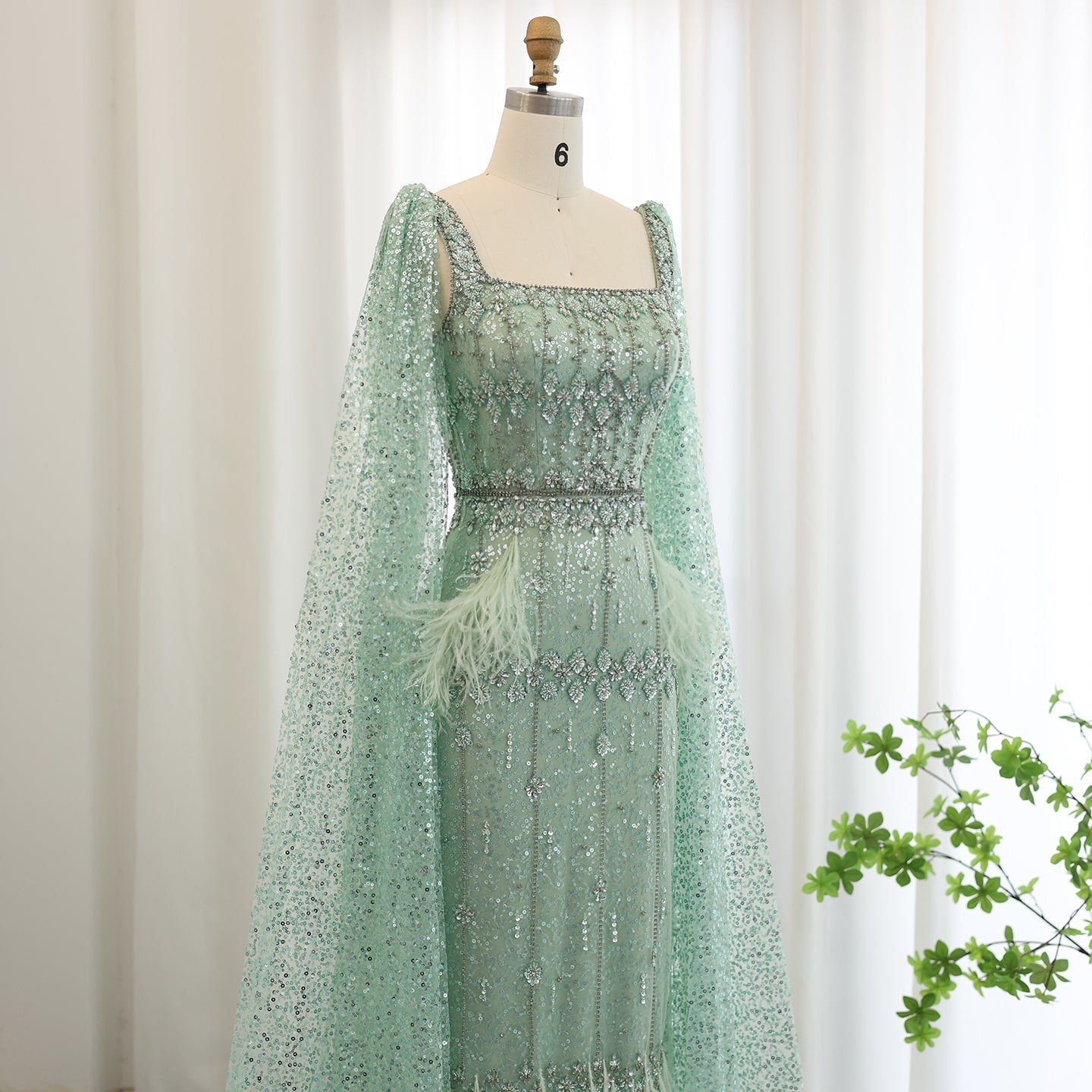 Luxury Gray Feather Straight Evening Dress with Cape Sleeves SS279