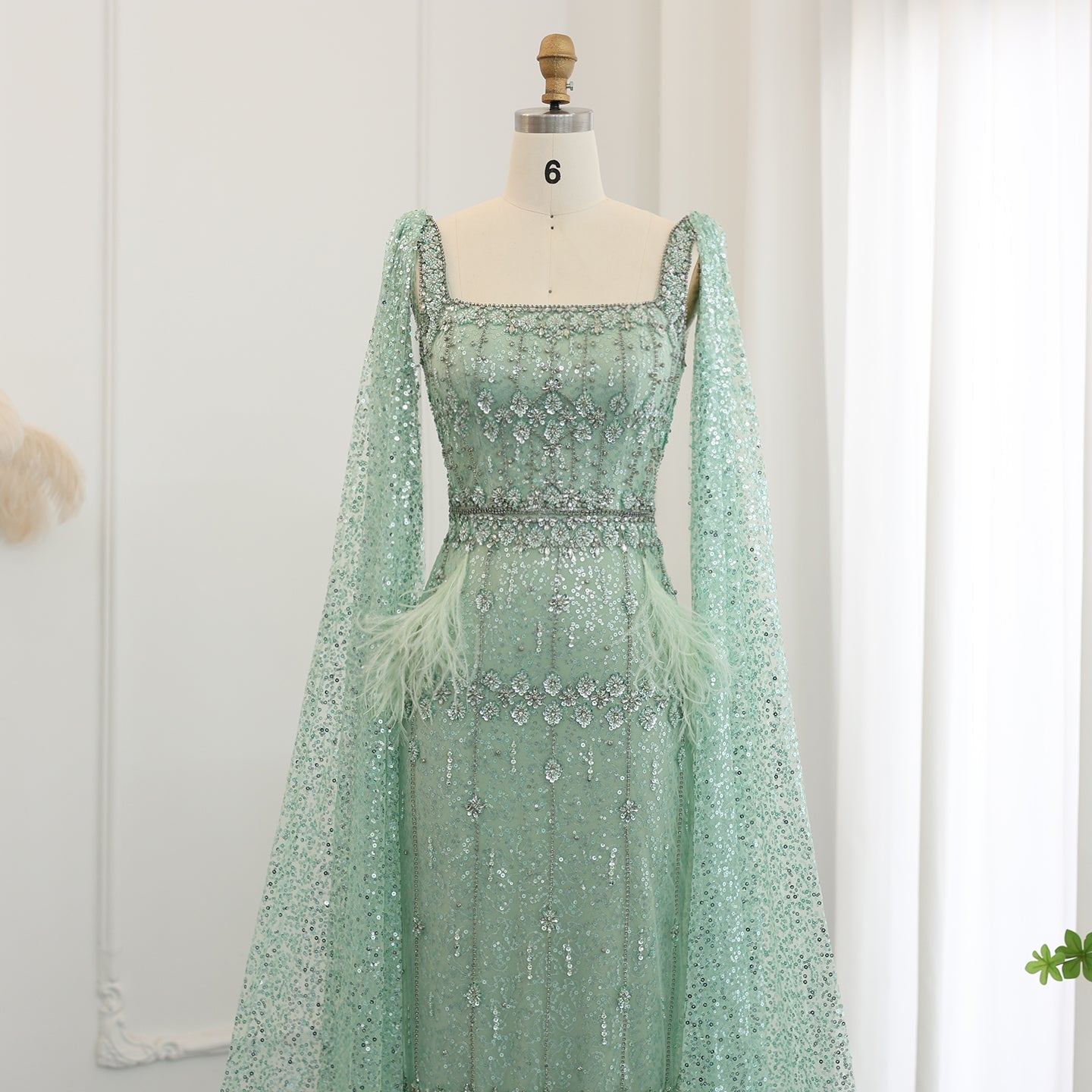 Luxury Gray Feather Straight Evening Dress with Cape Sleeves SS279