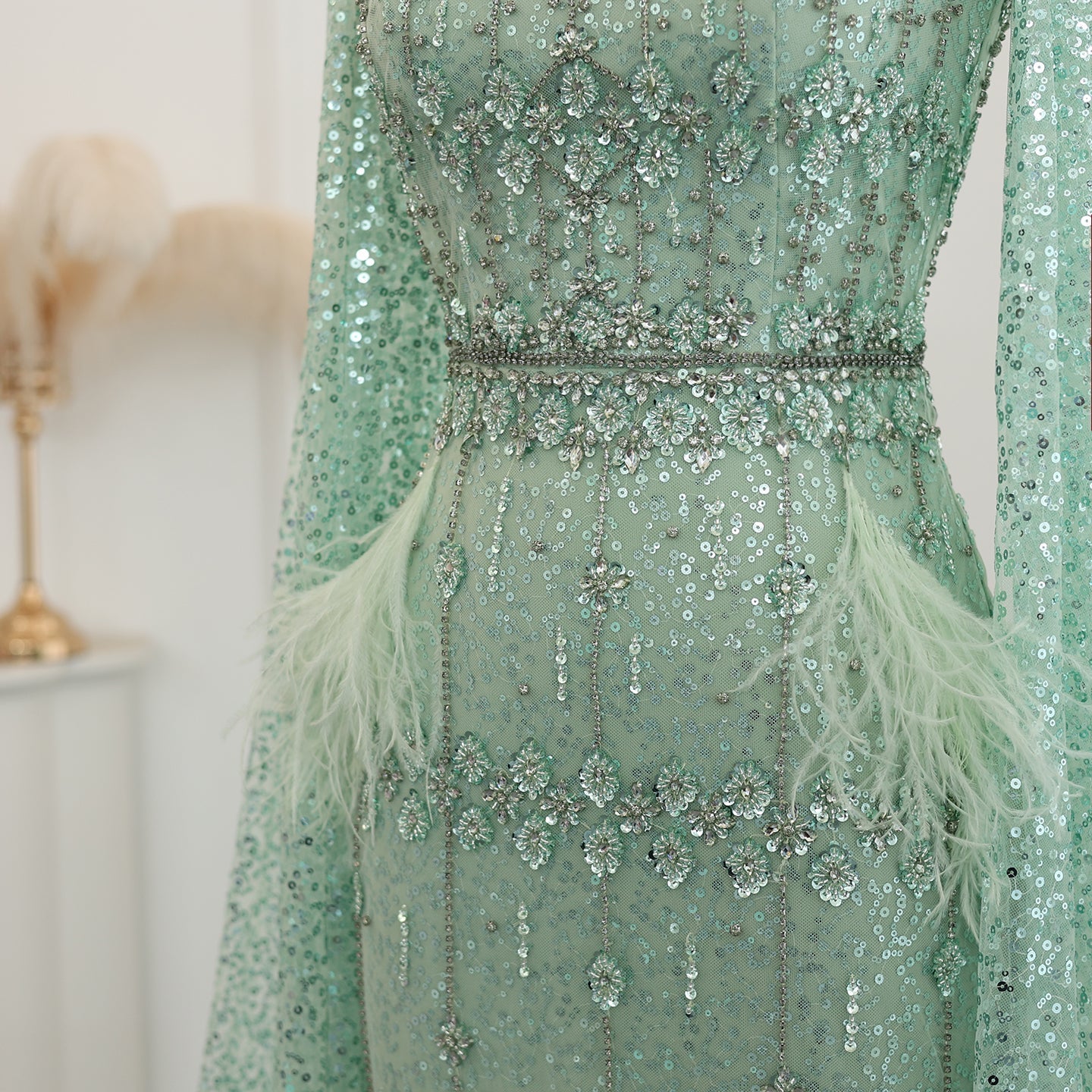 Luxury Gray Feather Straight Evening Dress with Cape Sleeves SS279