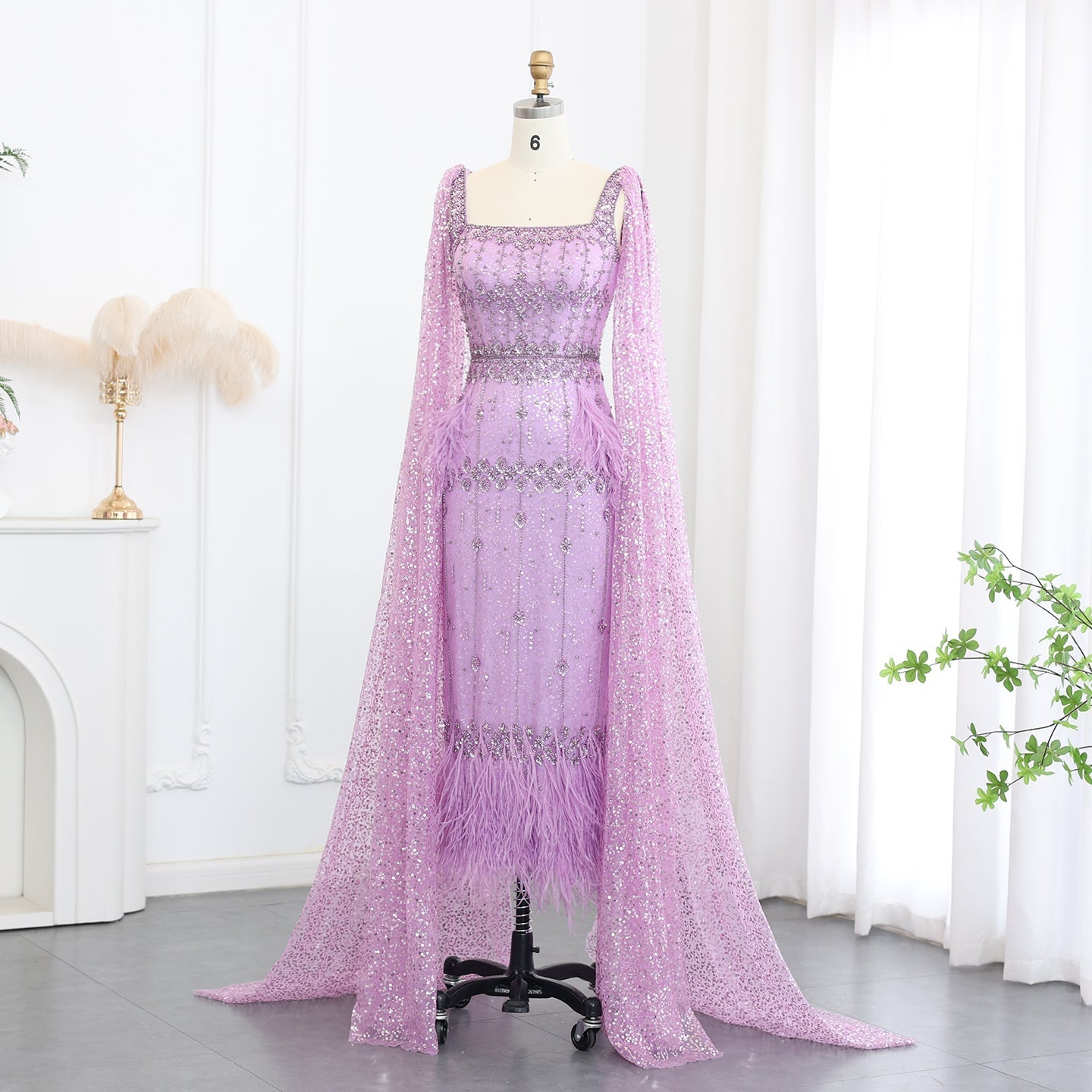 Luxury Gray Feather Straight Evening Dress with Cape Sleeves SS279  Lilac / US 18