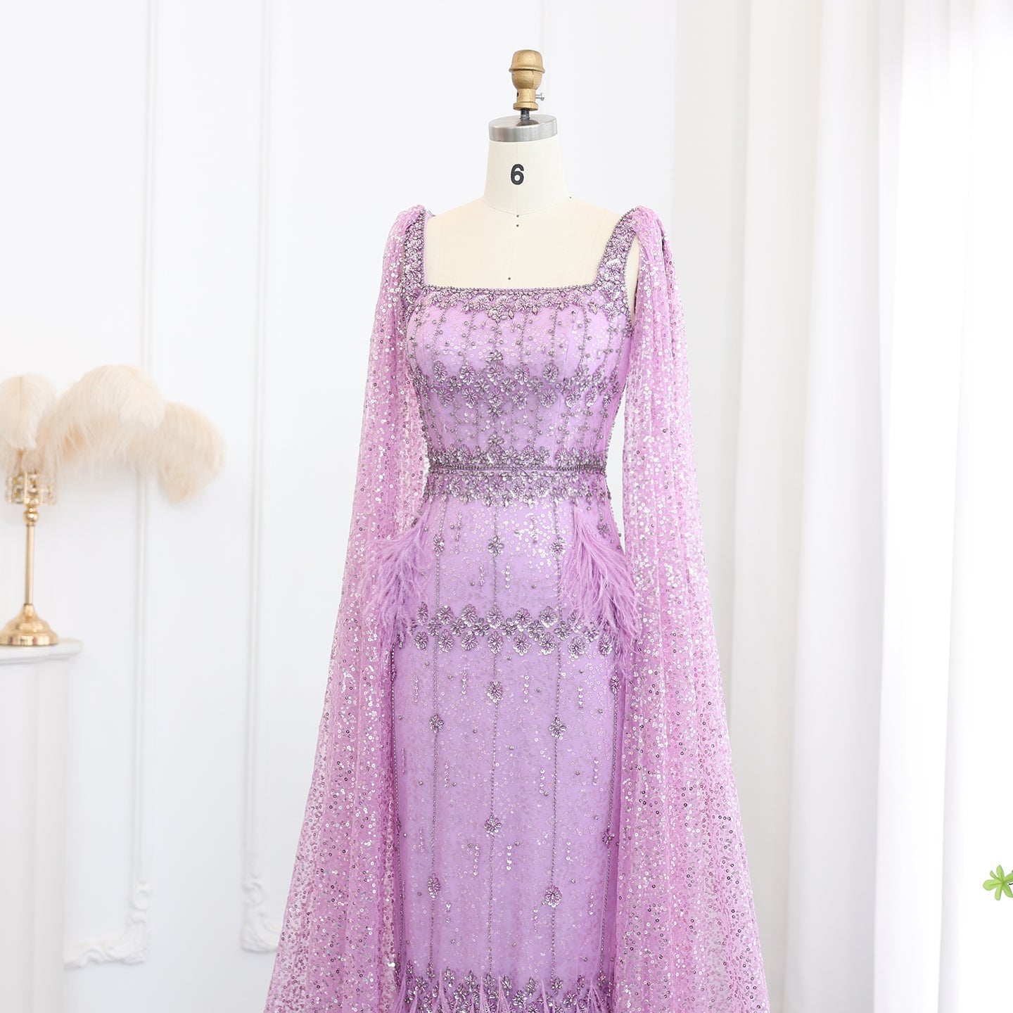 Luxury Gray Feather Straight Evening Dress with Cape Sleeves SS279