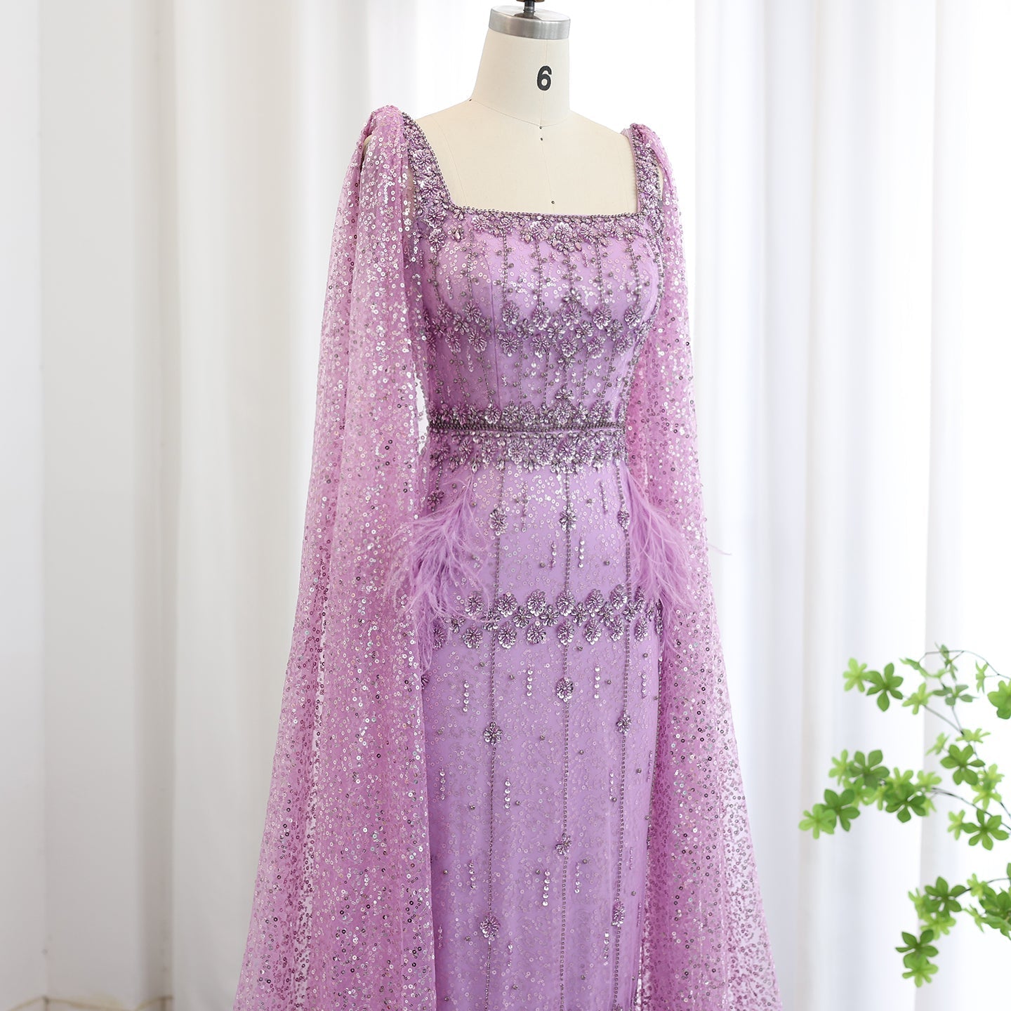 Luxury Gray Feather Straight Evening Dress with Cape Sleeves SS279