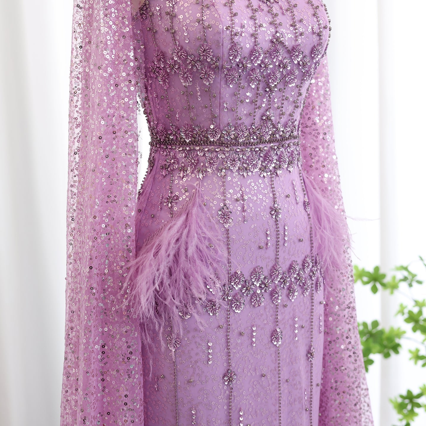 Luxury Gray Feather Straight Evening Dress with Cape Sleeves SS279