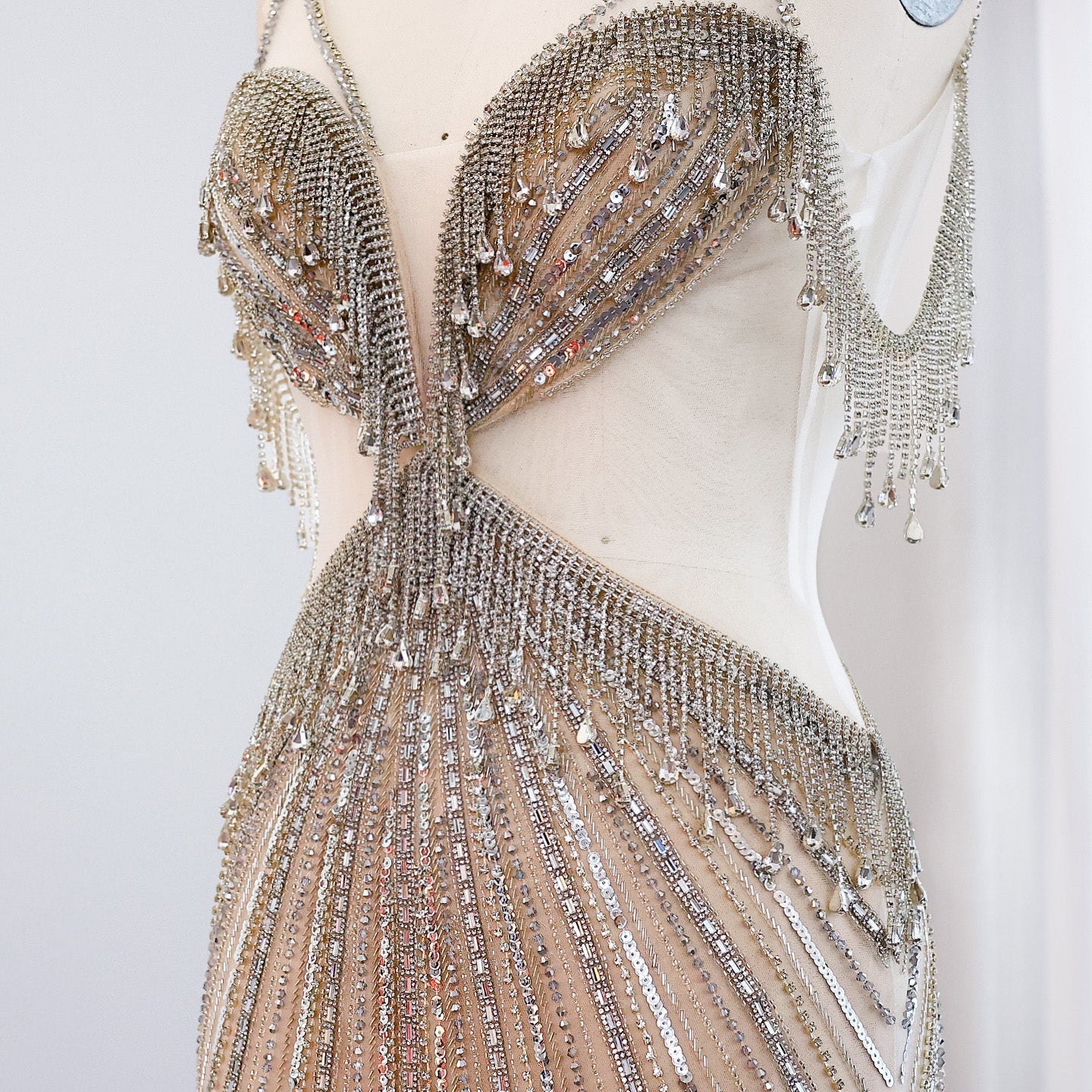 Luxury Crystal Tassel Mermaid Silver Nude Prom Dress SS073