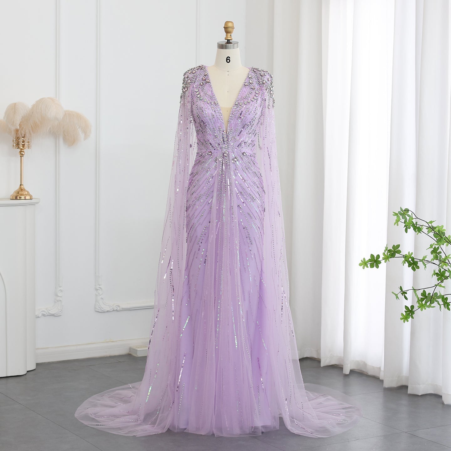 Luxury Dubai Green Evening Dresses with Cape Fuchsia Crystal Gold SS399  Lilac / US 20