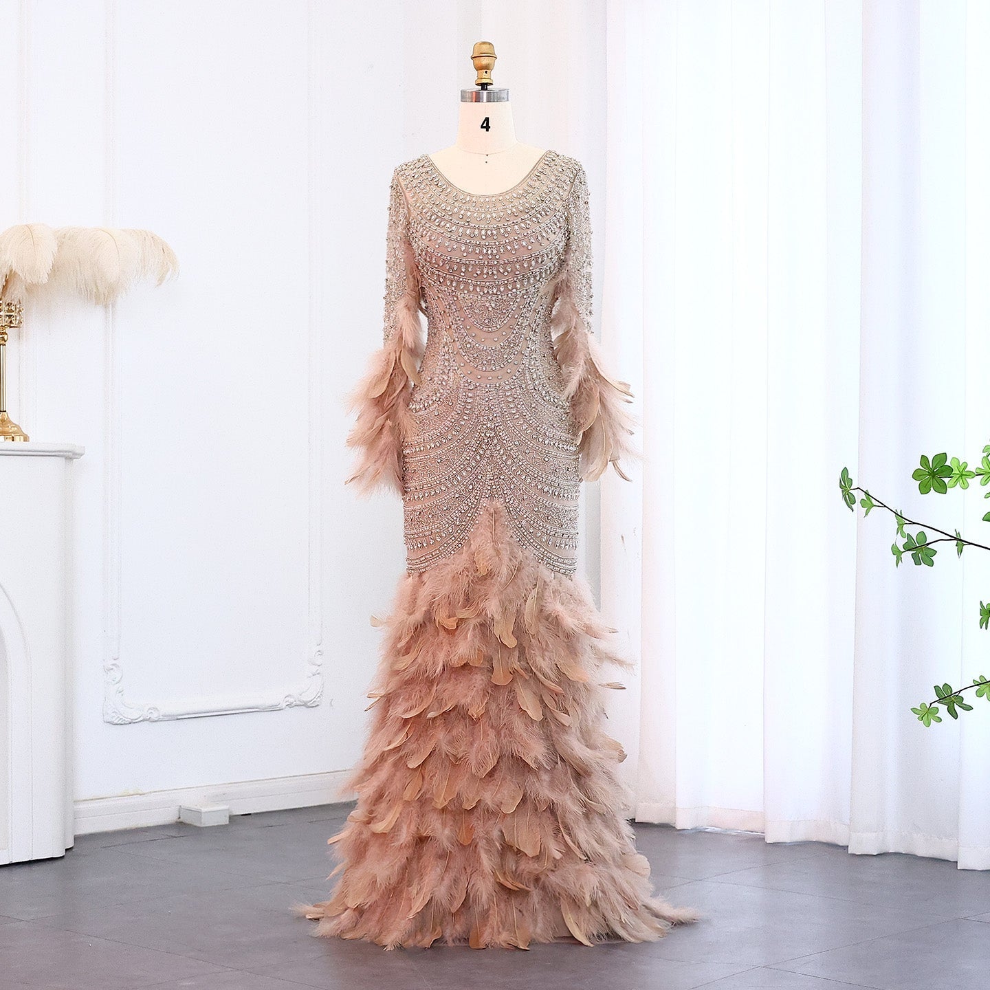 Luxury Feather Nude Mermaid Evening Dress SS076  Nude / US 18
