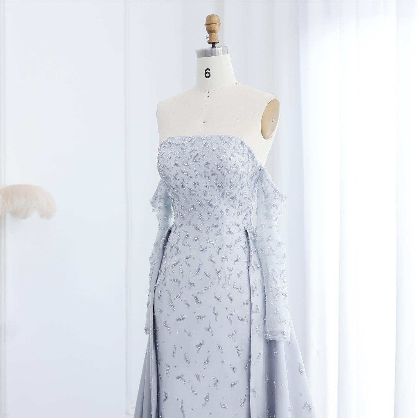 Luxury Silver Gray Evening Dress with Overskirt Sleeves SS484