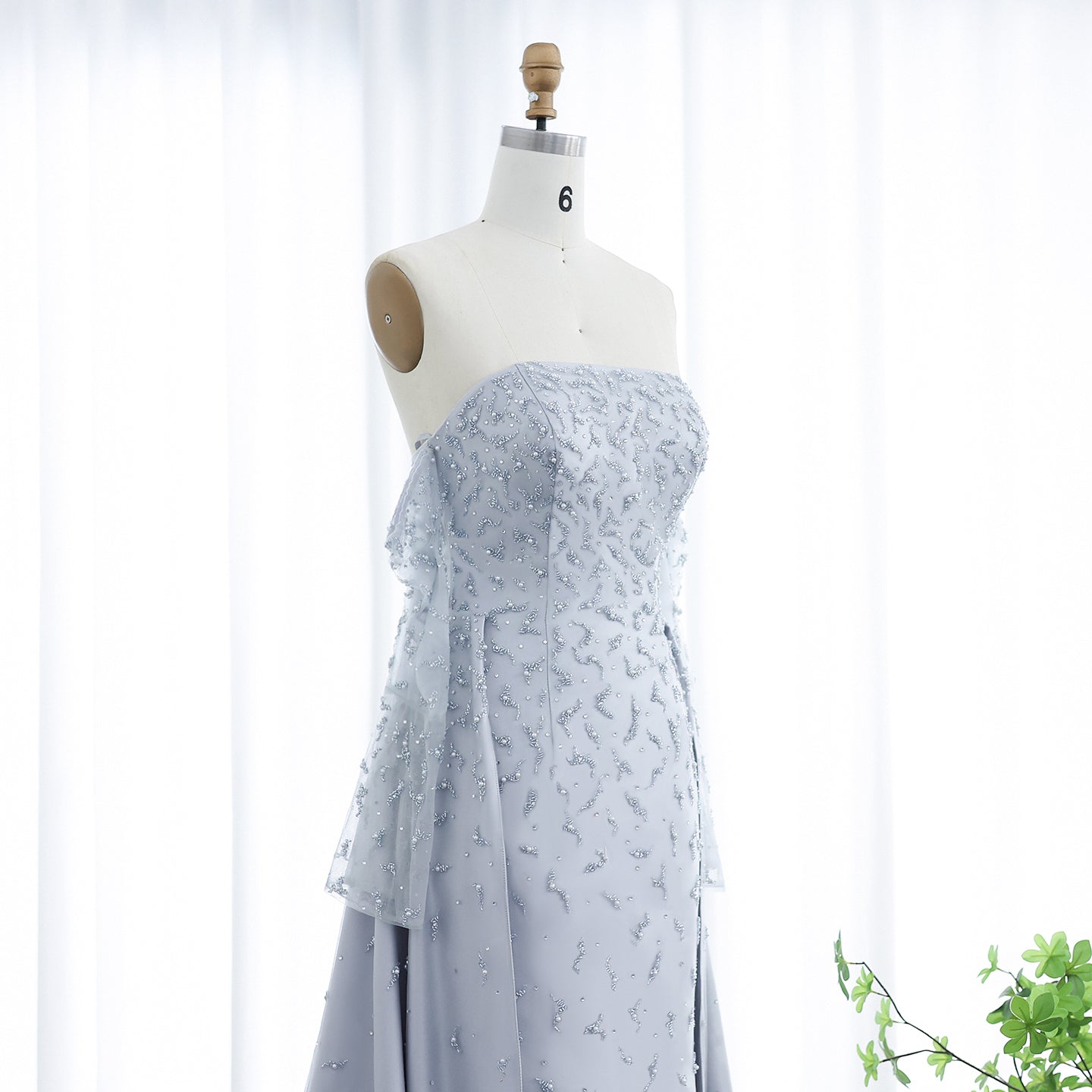 Luxury Silver Gray Evening Dress with Overskirt Sleeves SS484