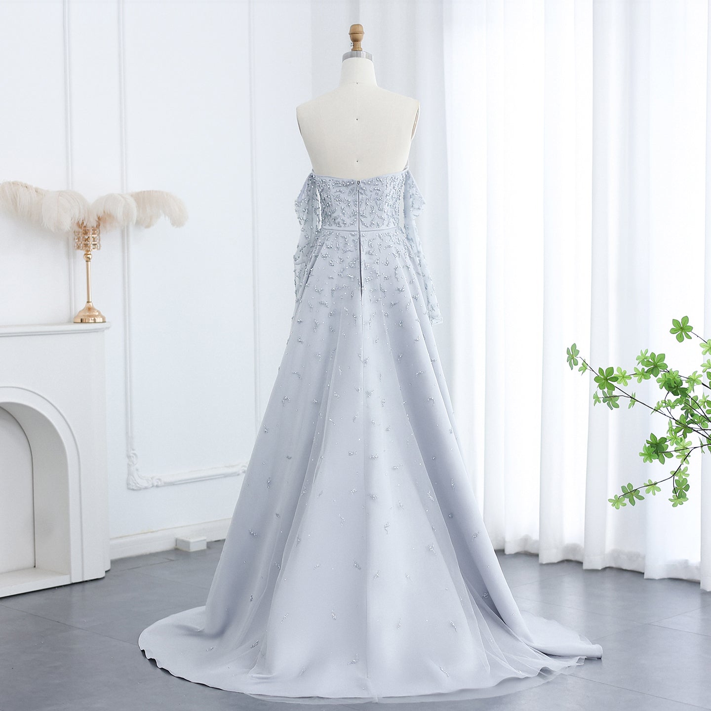 Luxury Silver Gray Evening Dress with Overskirt Sleeves SS484