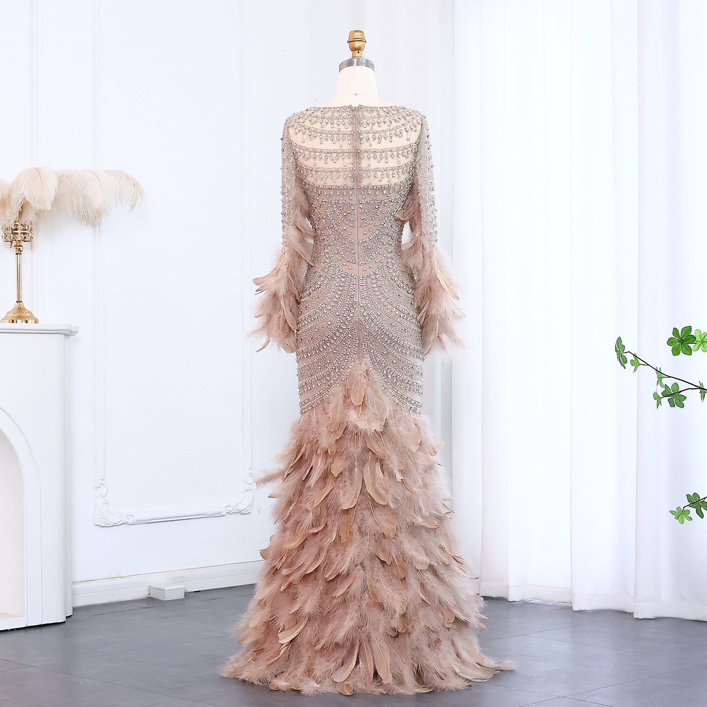 Luxury Feather Nude Mermaid Evening Dress SS076