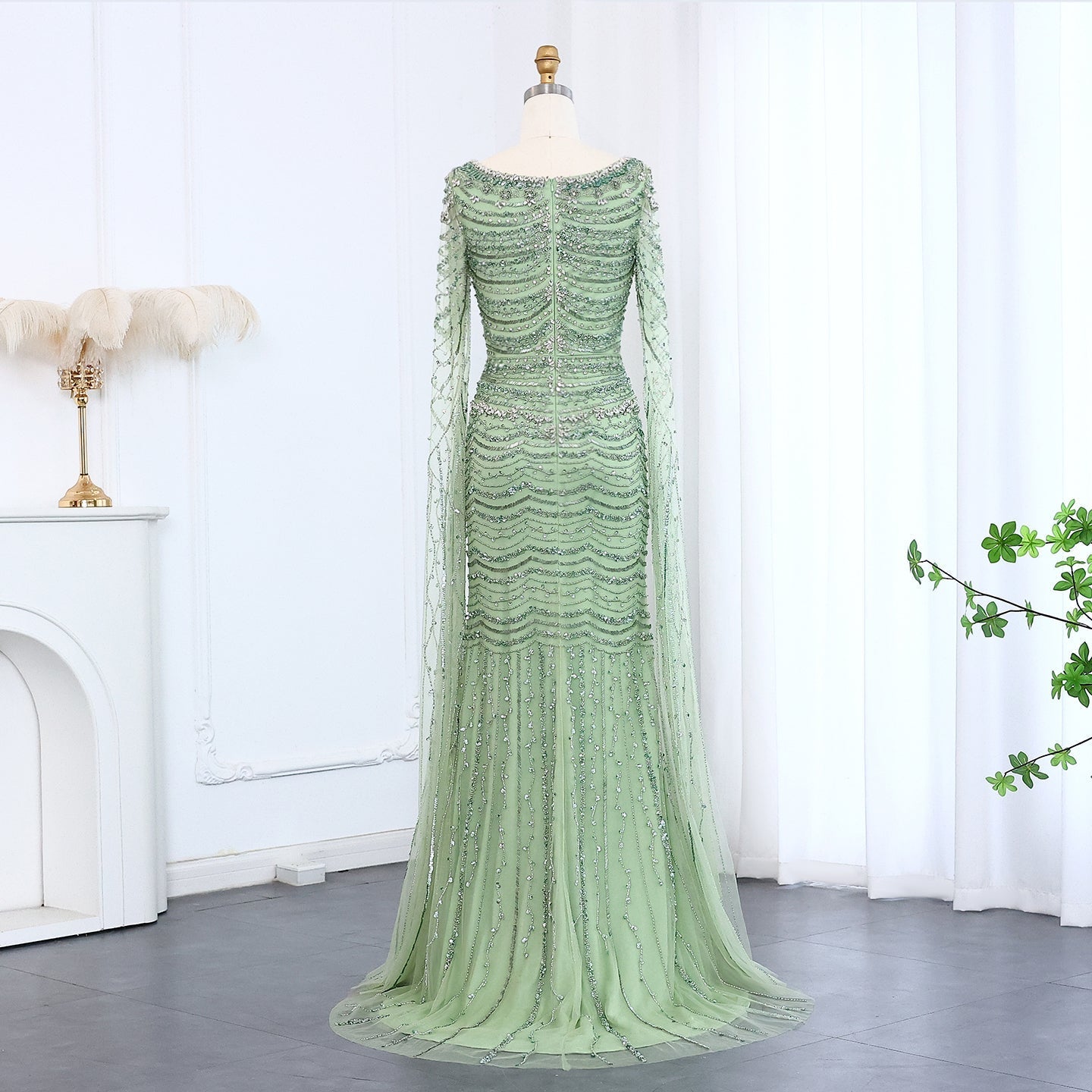 Luxury Caramel Square Neck Evening Dress with Cape Sleeves SS330