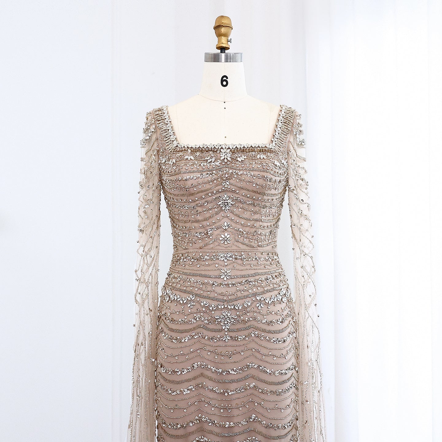 Luxury Caramel Square Neck Evening Dress with Cape Sleeves SS330