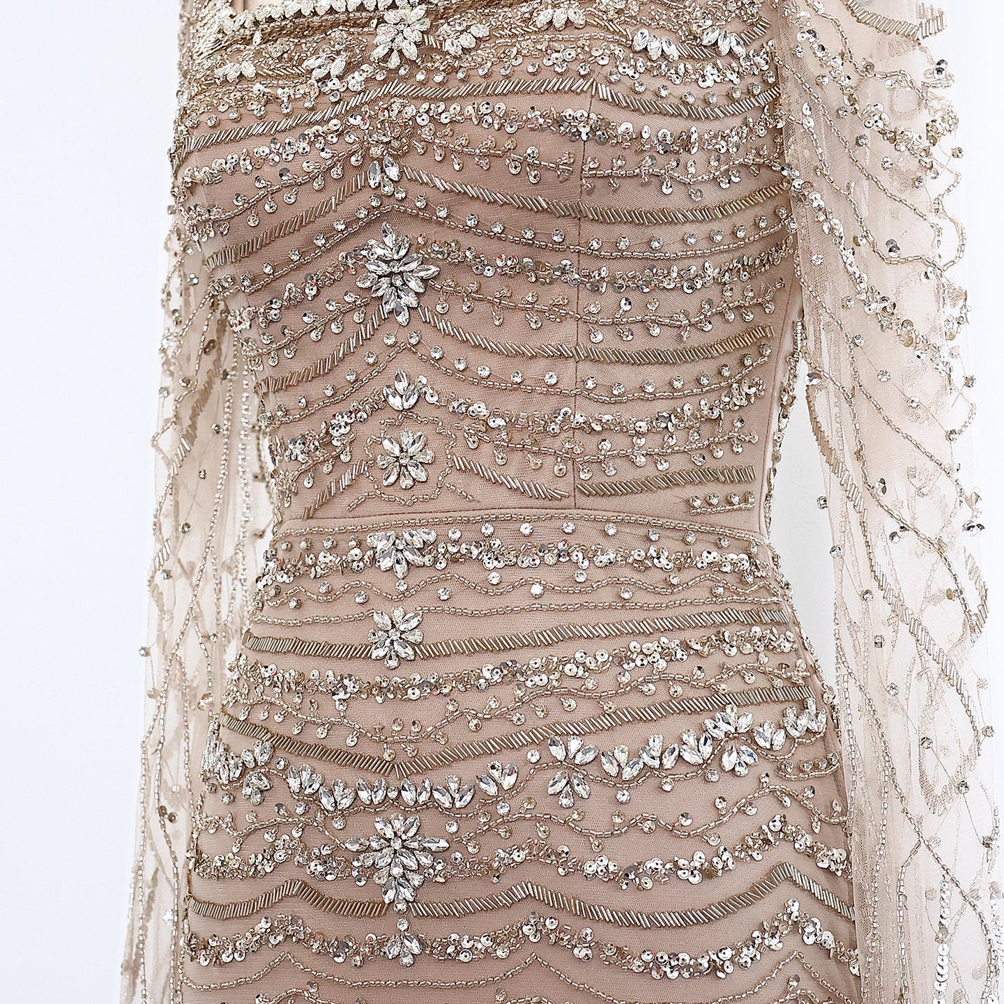 Luxury Caramel Square Neck Evening Dress with Cape Sleeves SS330