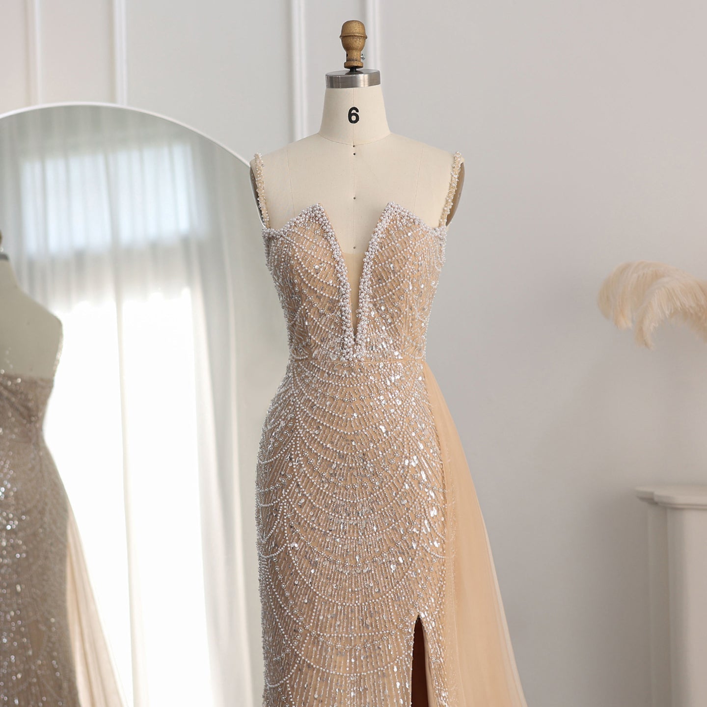 Luxury Nude Spaghetti Evening Dress with Overskirt SS611