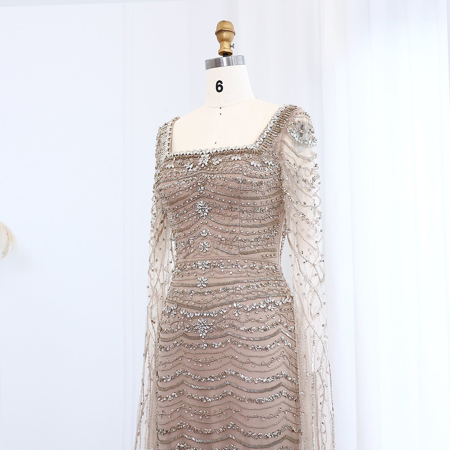 Luxury Caramel Square Neck Evening Dress with Cape Sleeves SS330