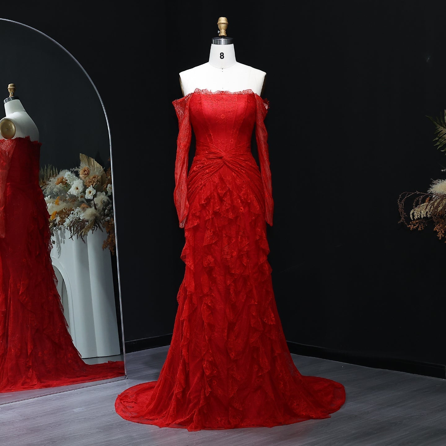 Elegant Blue Off Shoulder Lace Evening Dress SF519  Red / US 20