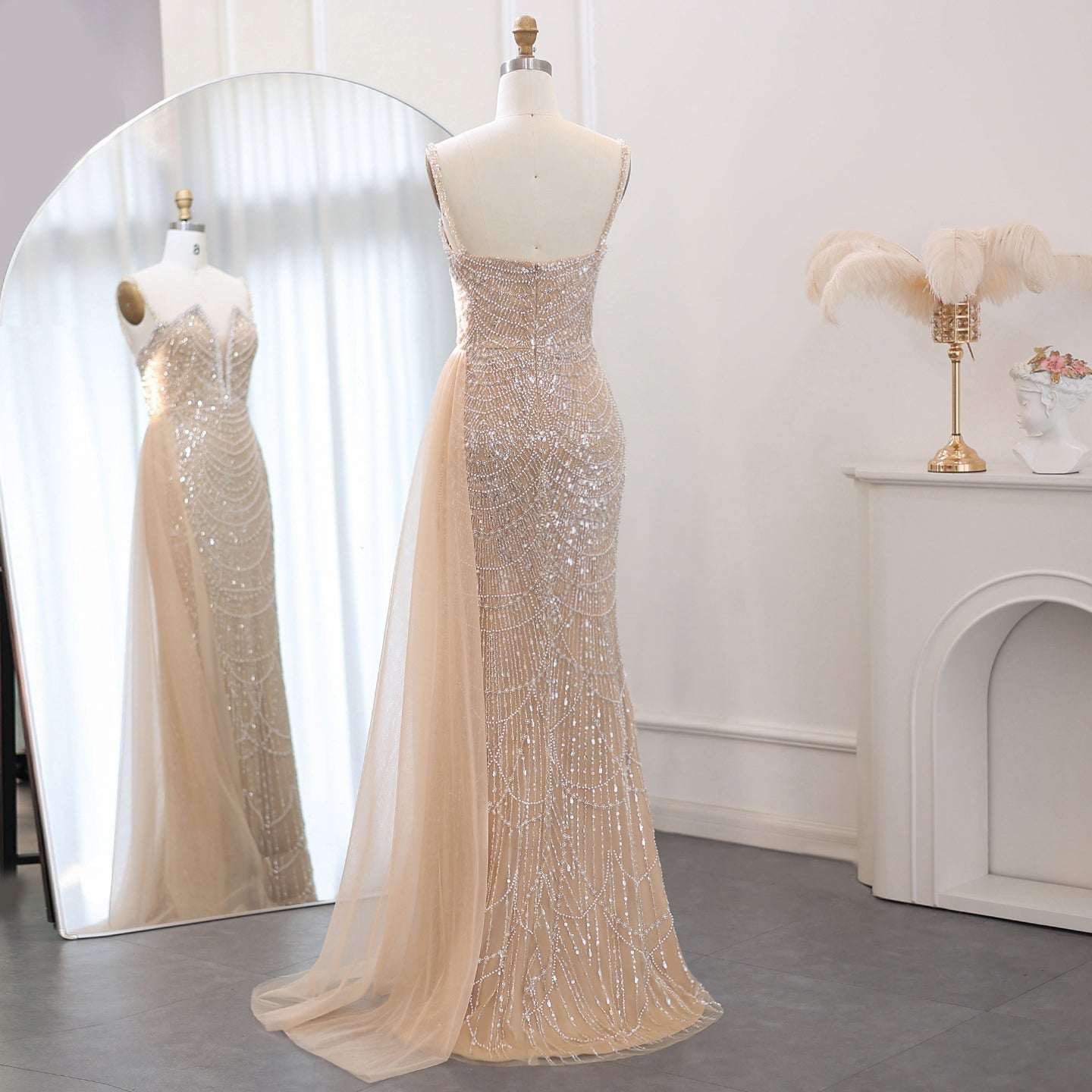 Luxury Nude Spaghetti Evening Dress with Overskirt SS611