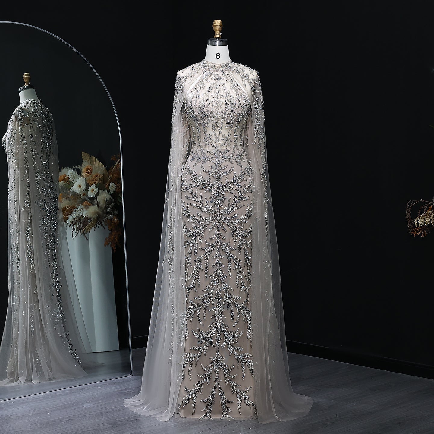 Luxury Beaded Turquoise Evening Dress with Cape Sleeves SS161  Champagne / US 18