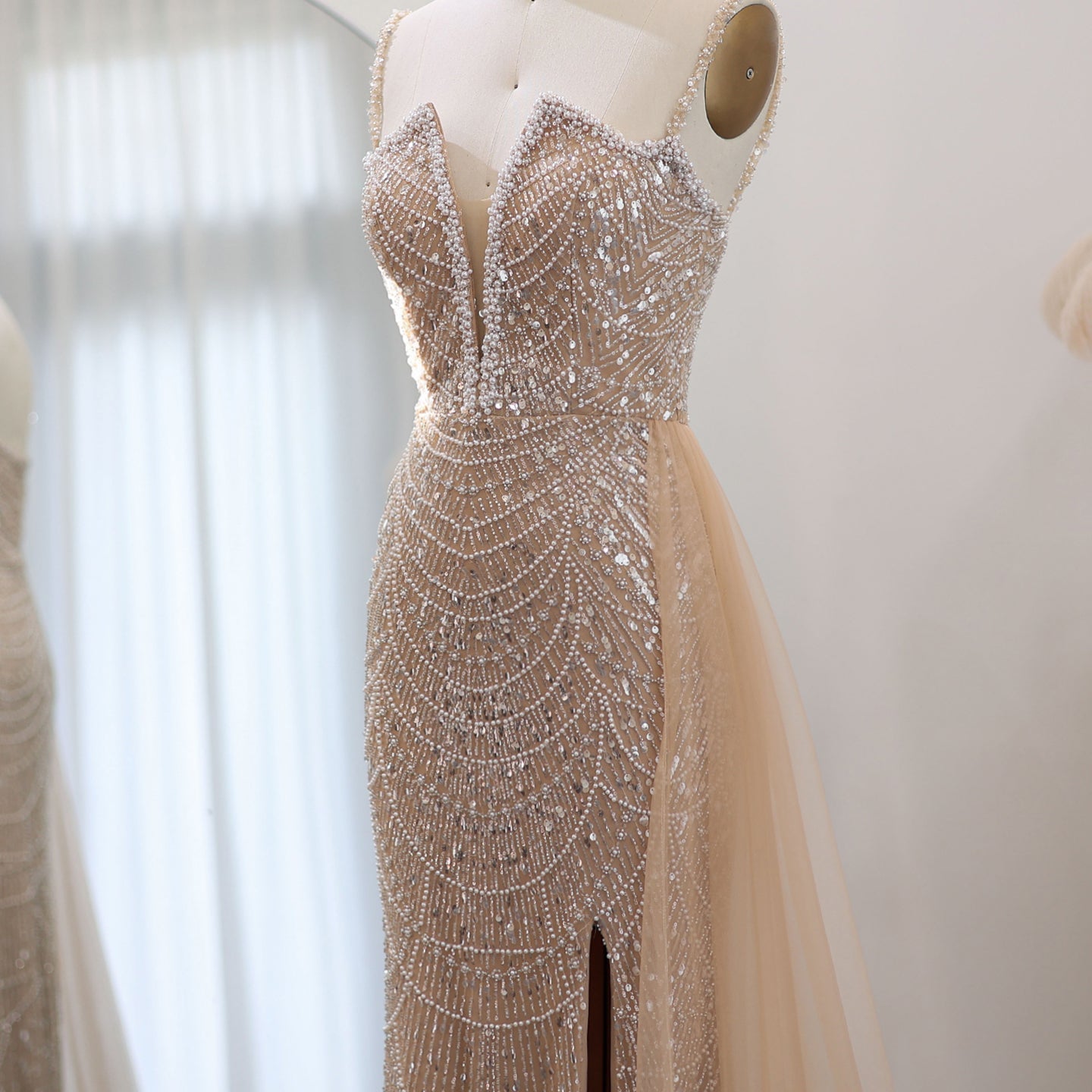 Luxury Nude Spaghetti Evening Dress with Overskirt SS611