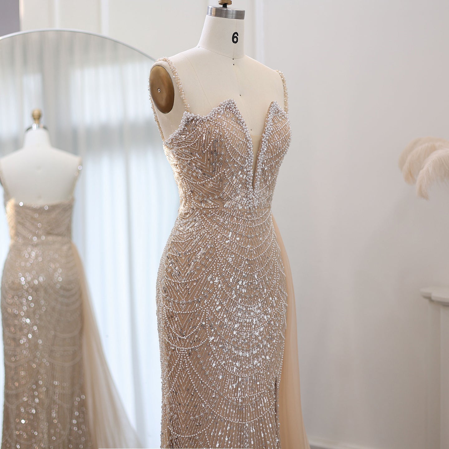 Luxury Nude Spaghetti Evening Dress with Overskirt SS611