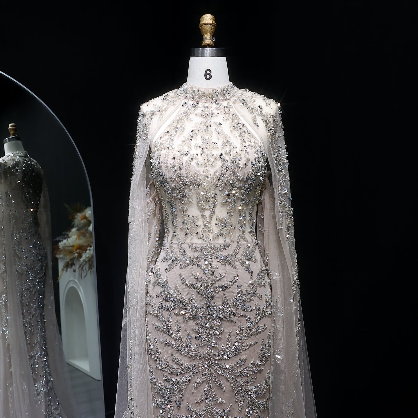 Luxury Beaded Turquoise Evening Dress with Cape Sleeves SS161