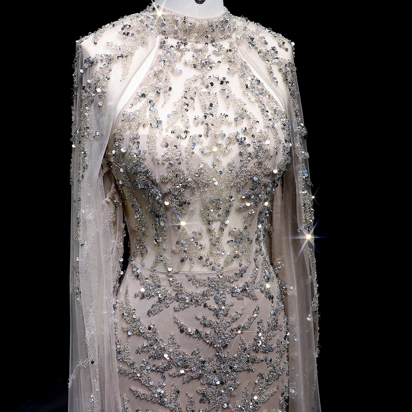 Luxury Beaded Turquoise Evening Dress with Cape Sleeves SS161