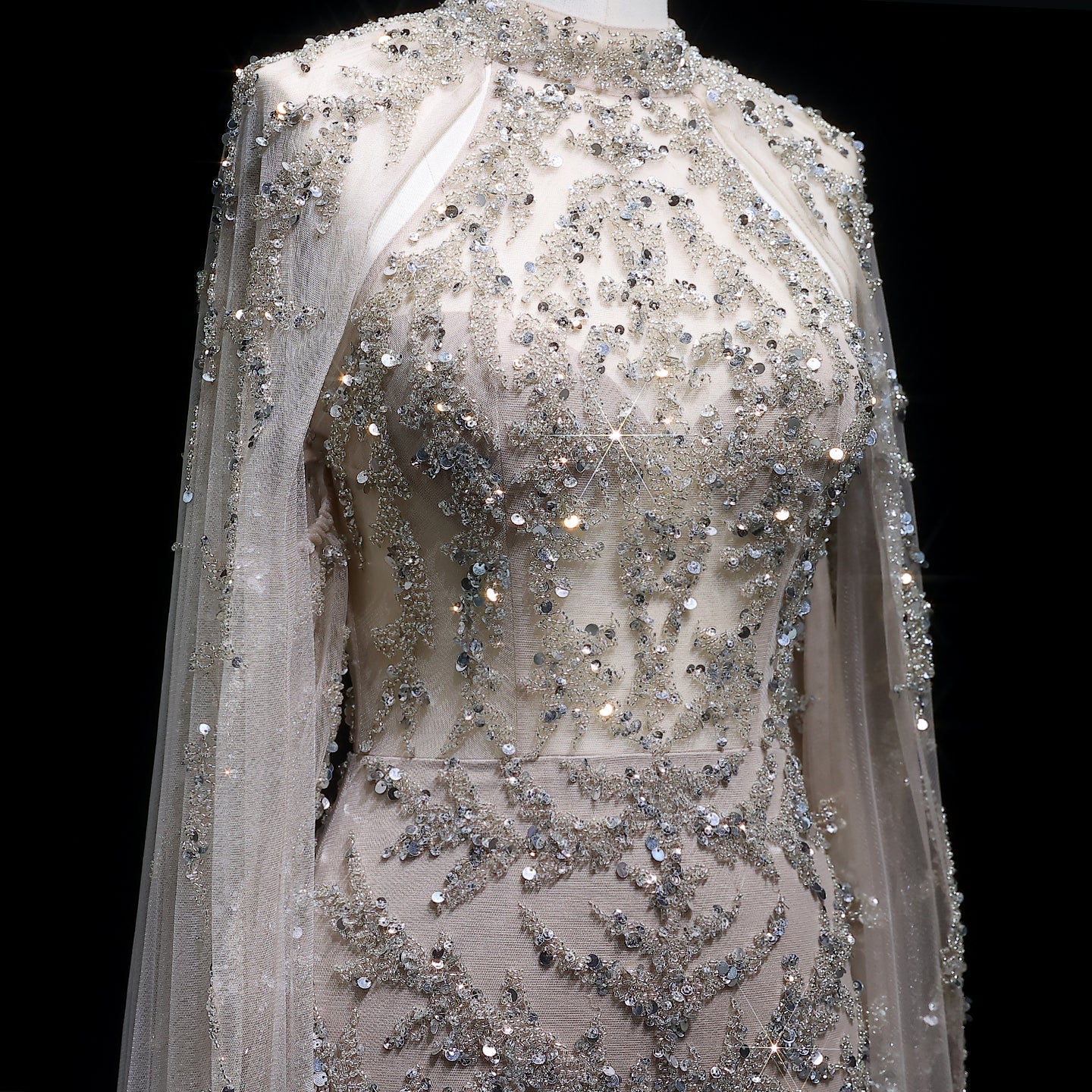 Luxury Beaded Turquoise Evening Dress with Cape Sleeves SS161