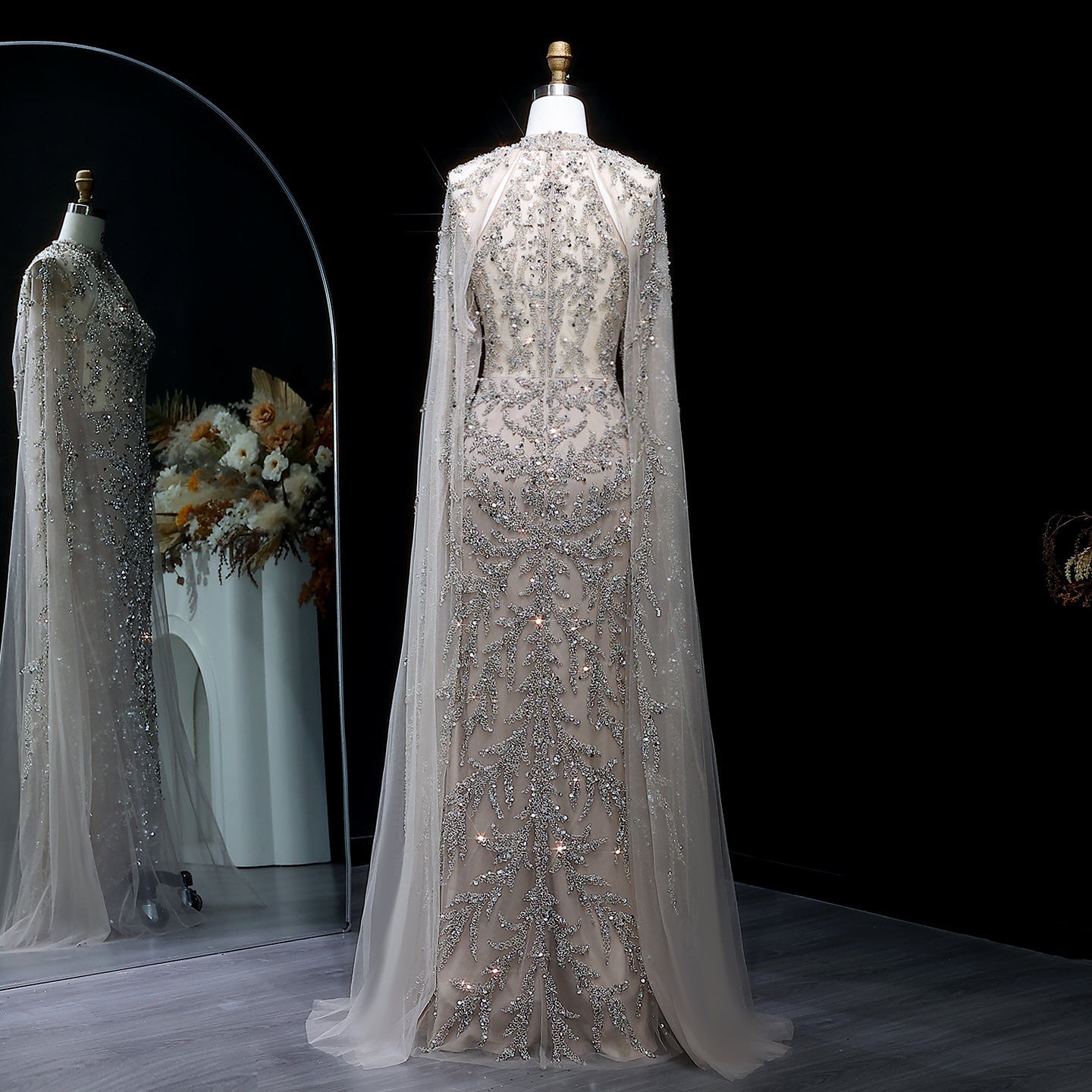 Luxury Beaded Turquoise Evening Dress with Cape Sleeves SS161