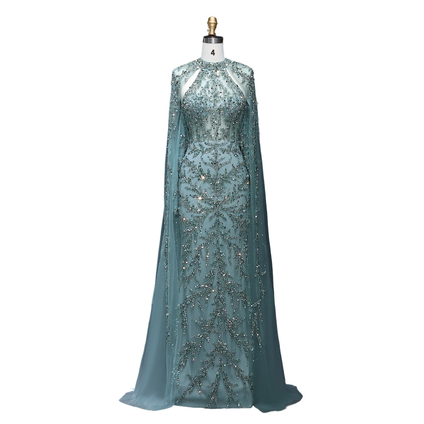 Luxury Beaded Turquoise Evening Dress with Cape Sleeves SS161