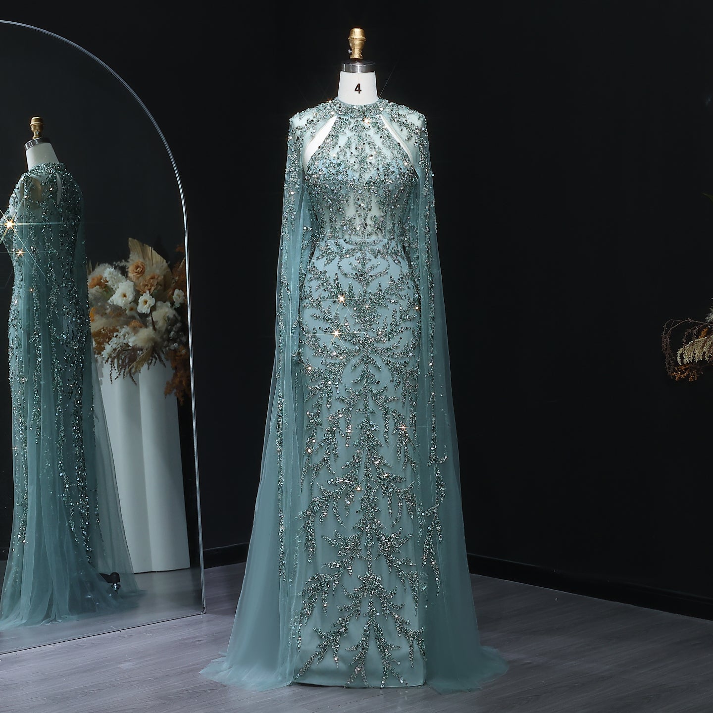 Luxury Beaded Turquoise Evening Dress with Cape Sleeves SS161  Turquoise / US 18