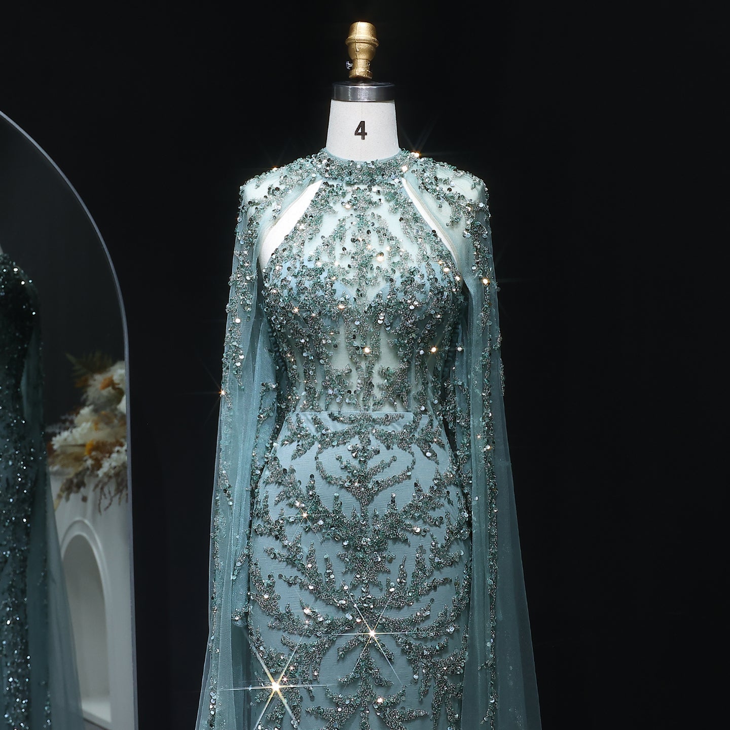 Luxury Beaded Turquoise Evening Dress with Cape Sleeves SS161