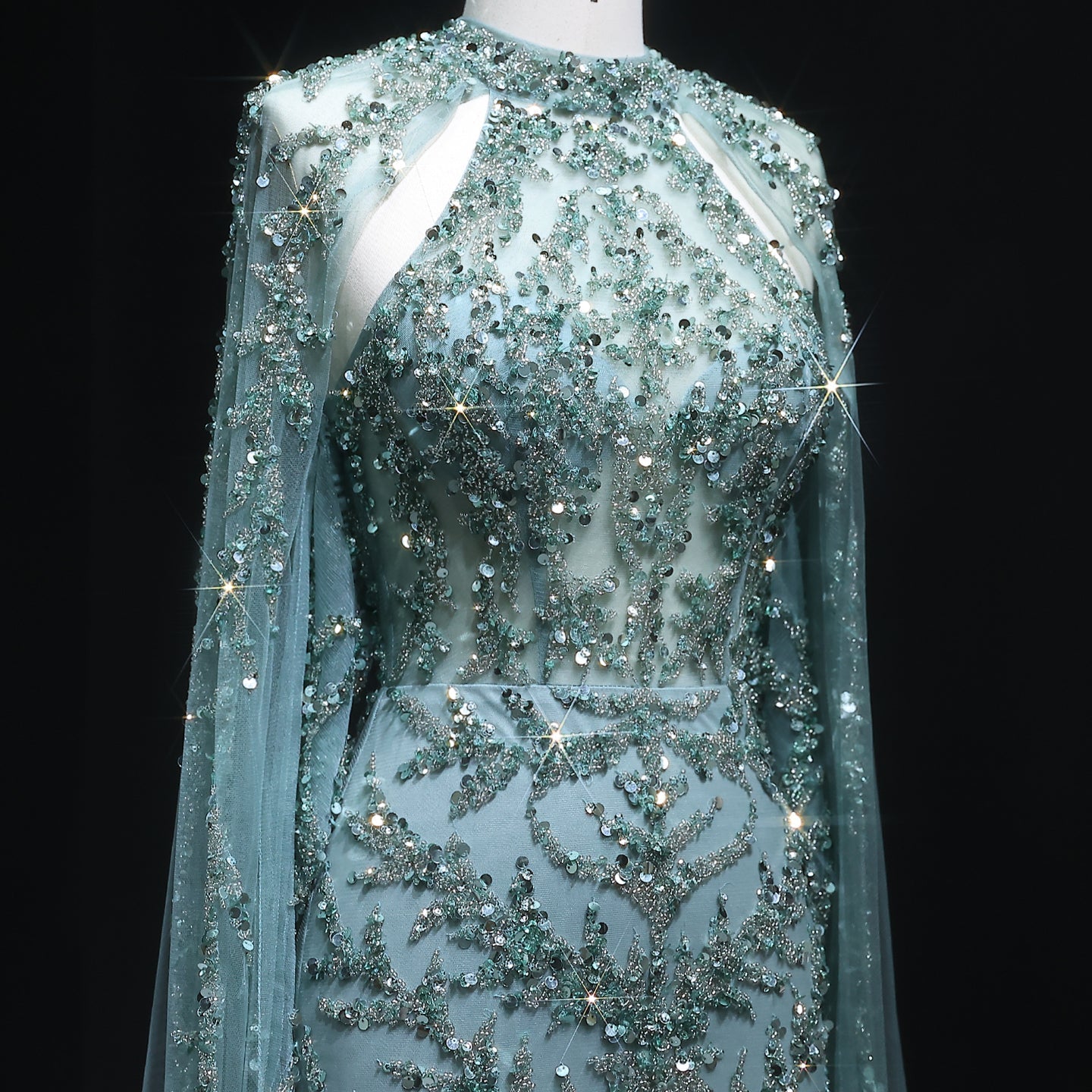 Luxury Beaded Turquoise Evening Dress with Cape Sleeves SS161