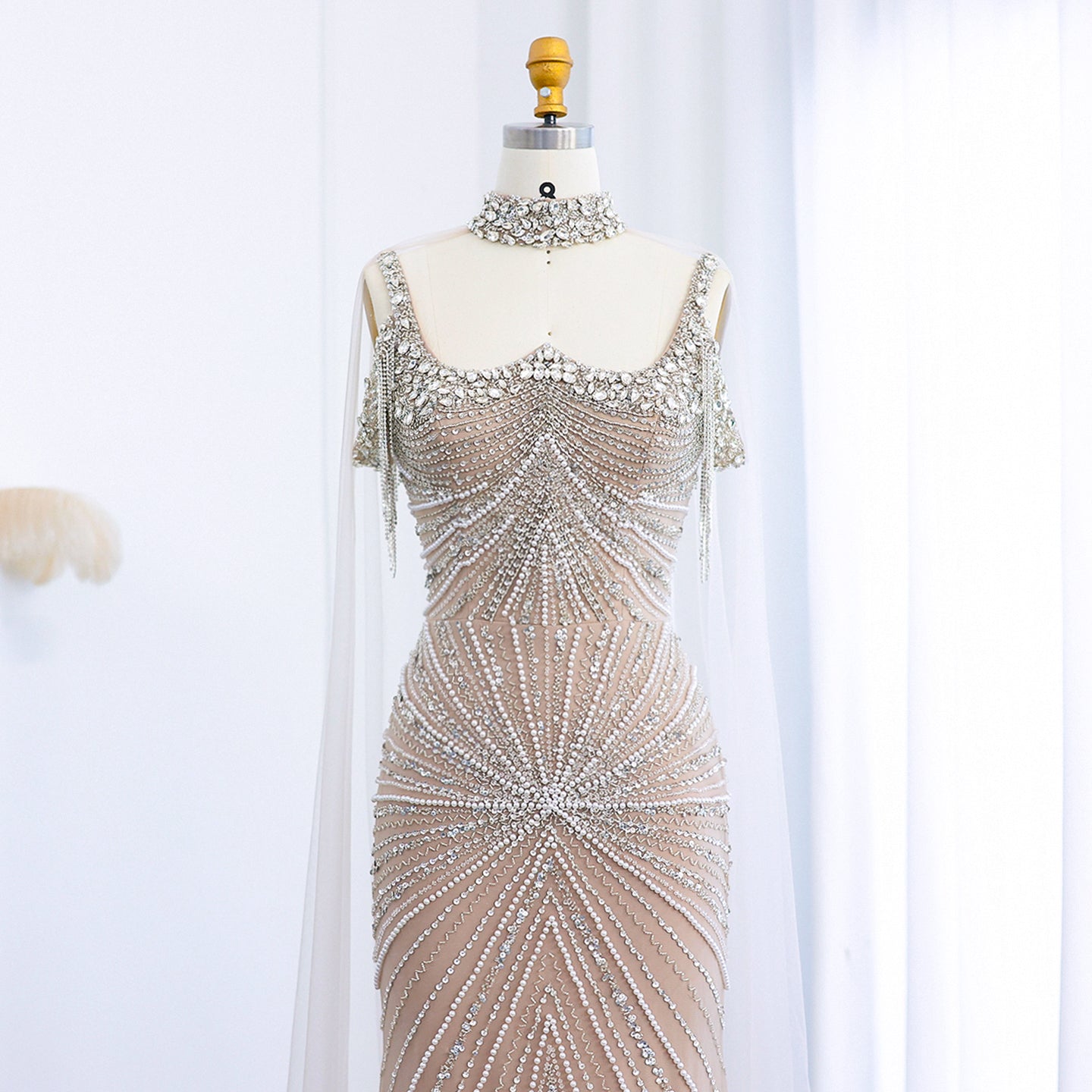 Luxury Tassel Silver Nude Evening Dress with Cape Chocker SS158