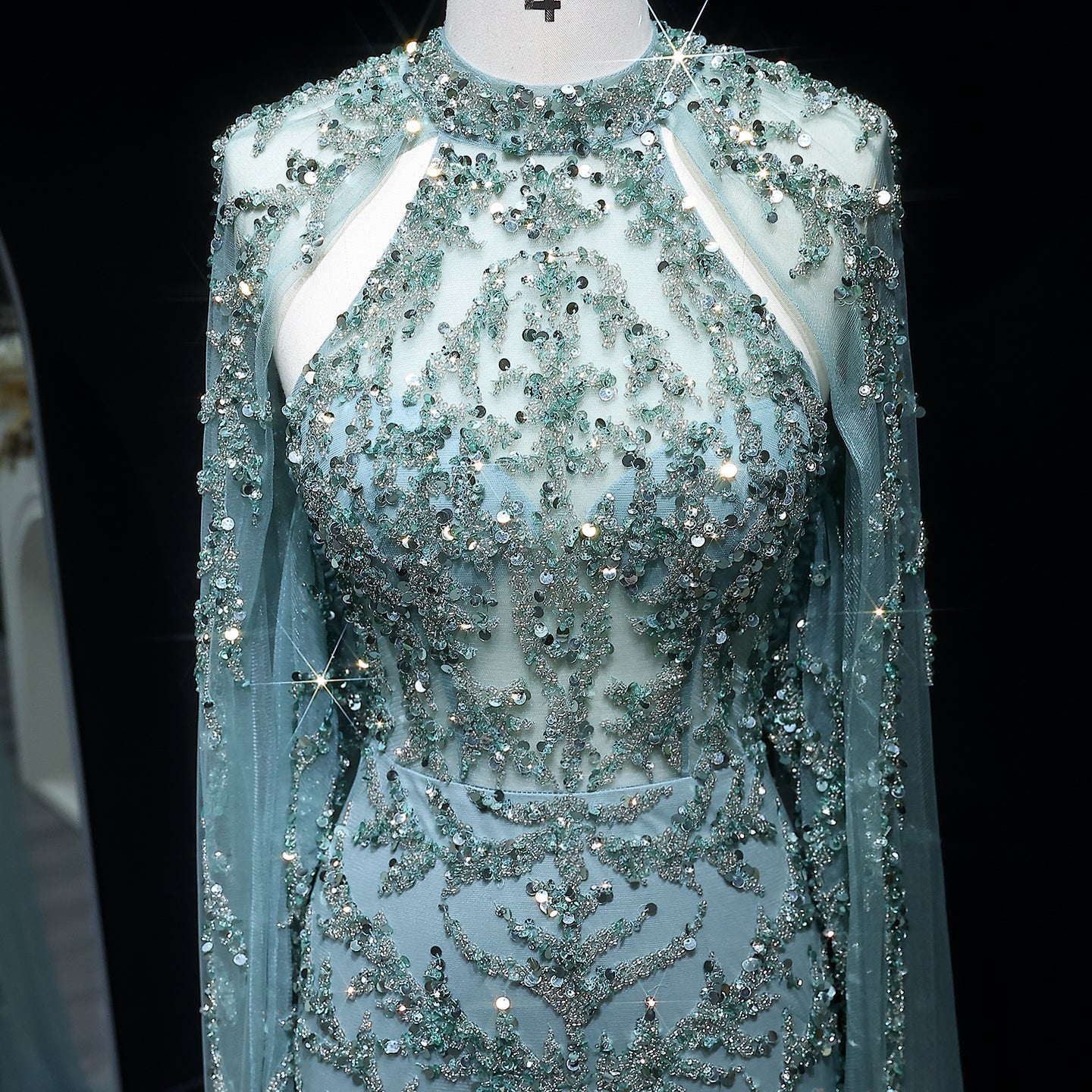 Luxury Beaded Turquoise Evening Dress with Cape Sleeves SS161