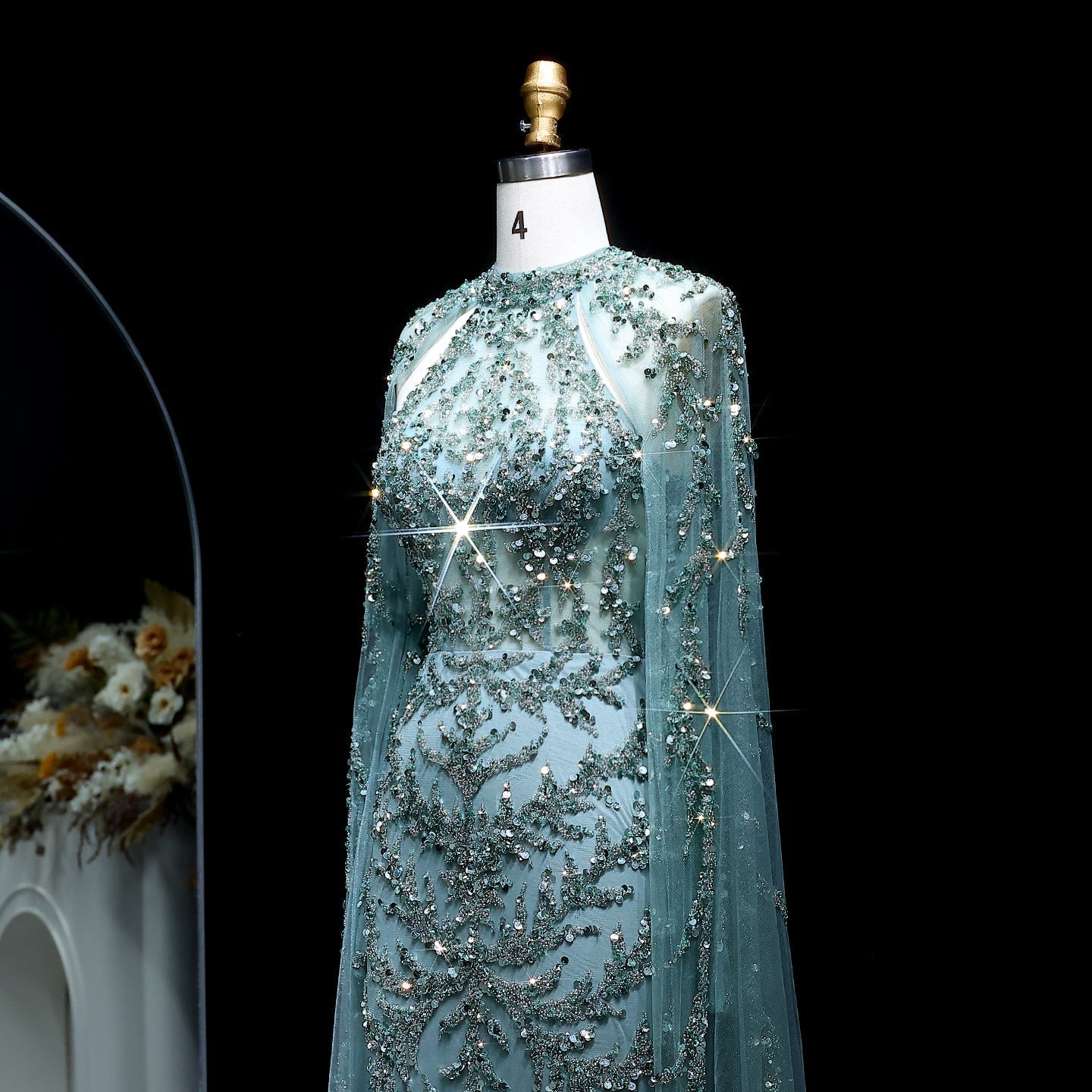 Luxury Beaded Turquoise Evening Dress with Cape Sleeves SS161
