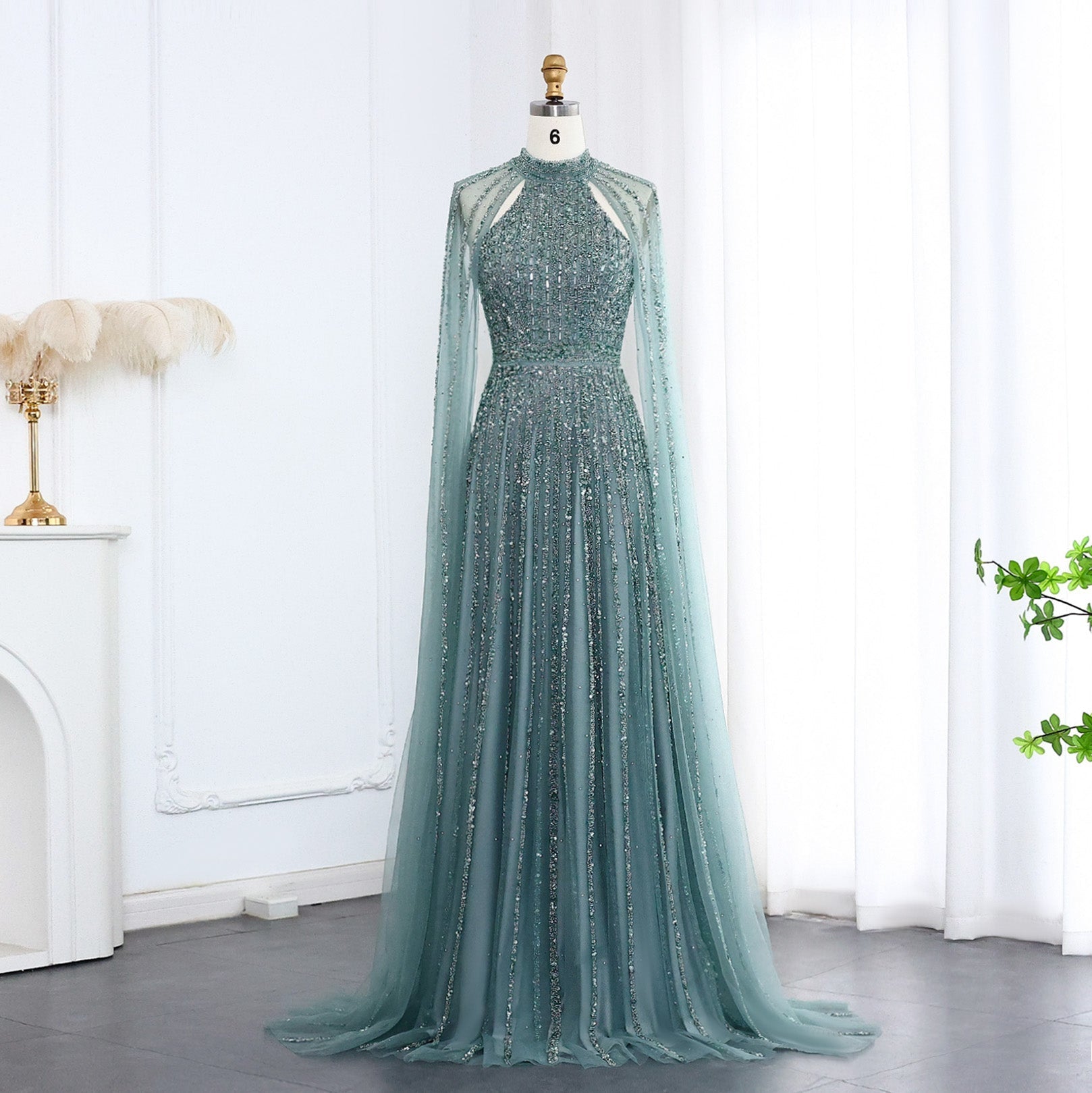 Luxury Beaded Turquoise Evening Dress with Cape SS085  Turquoise / US 18